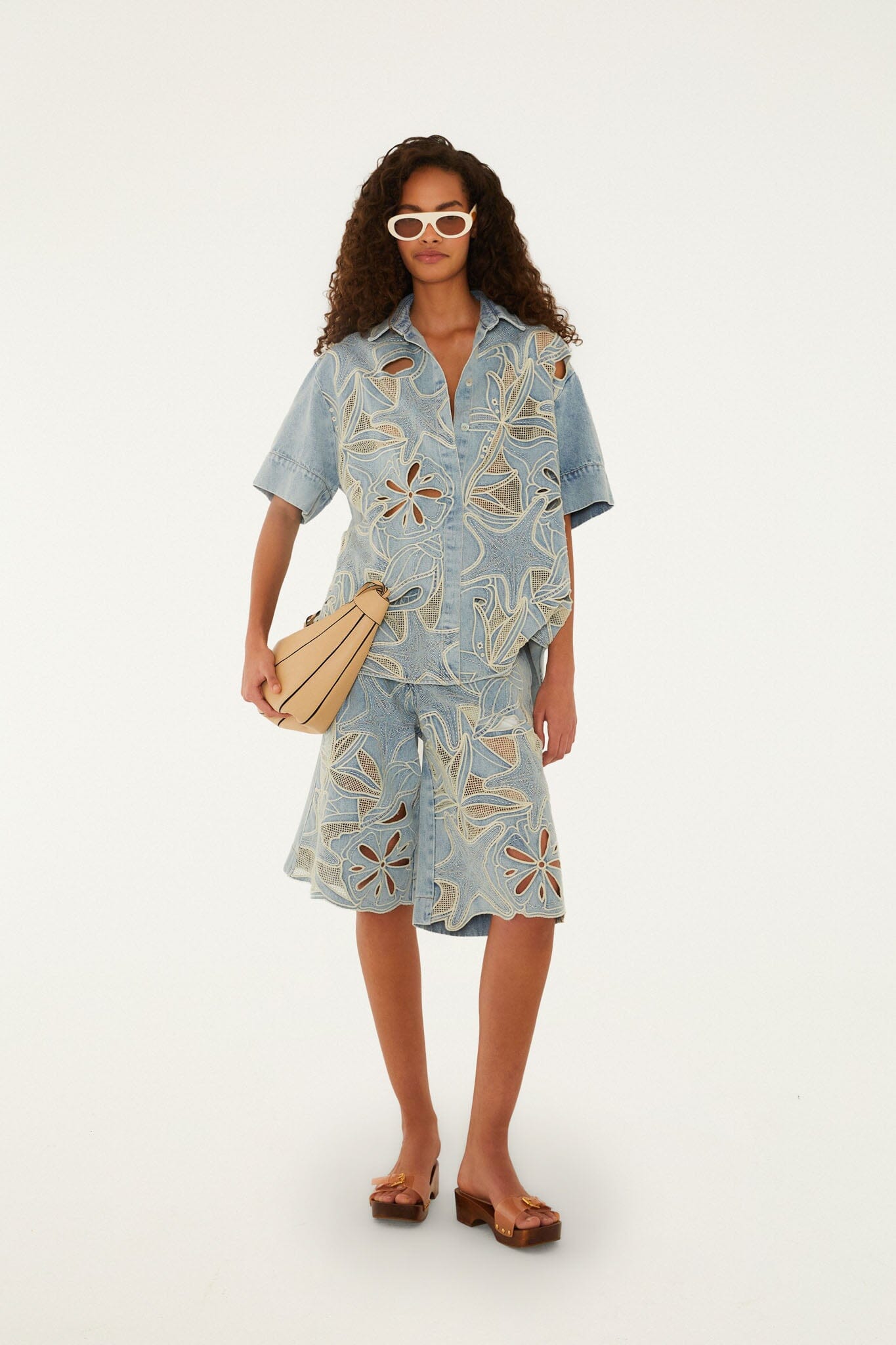 FARM Rio Shop Denim Sea Desire Embroidered Bermuda Shorts