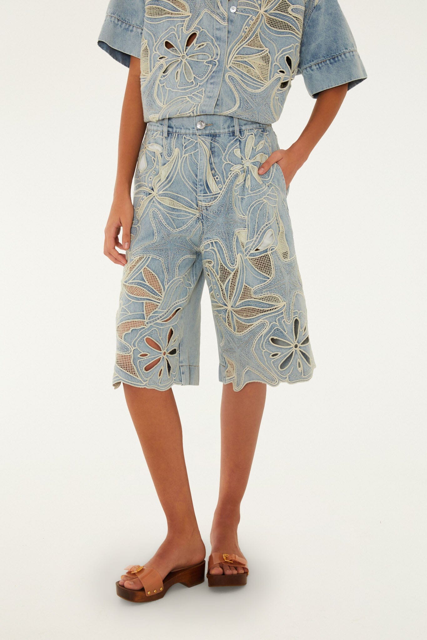 FARM Rio Shop Denim Sea Desire Embroidered Bermuda Shorts