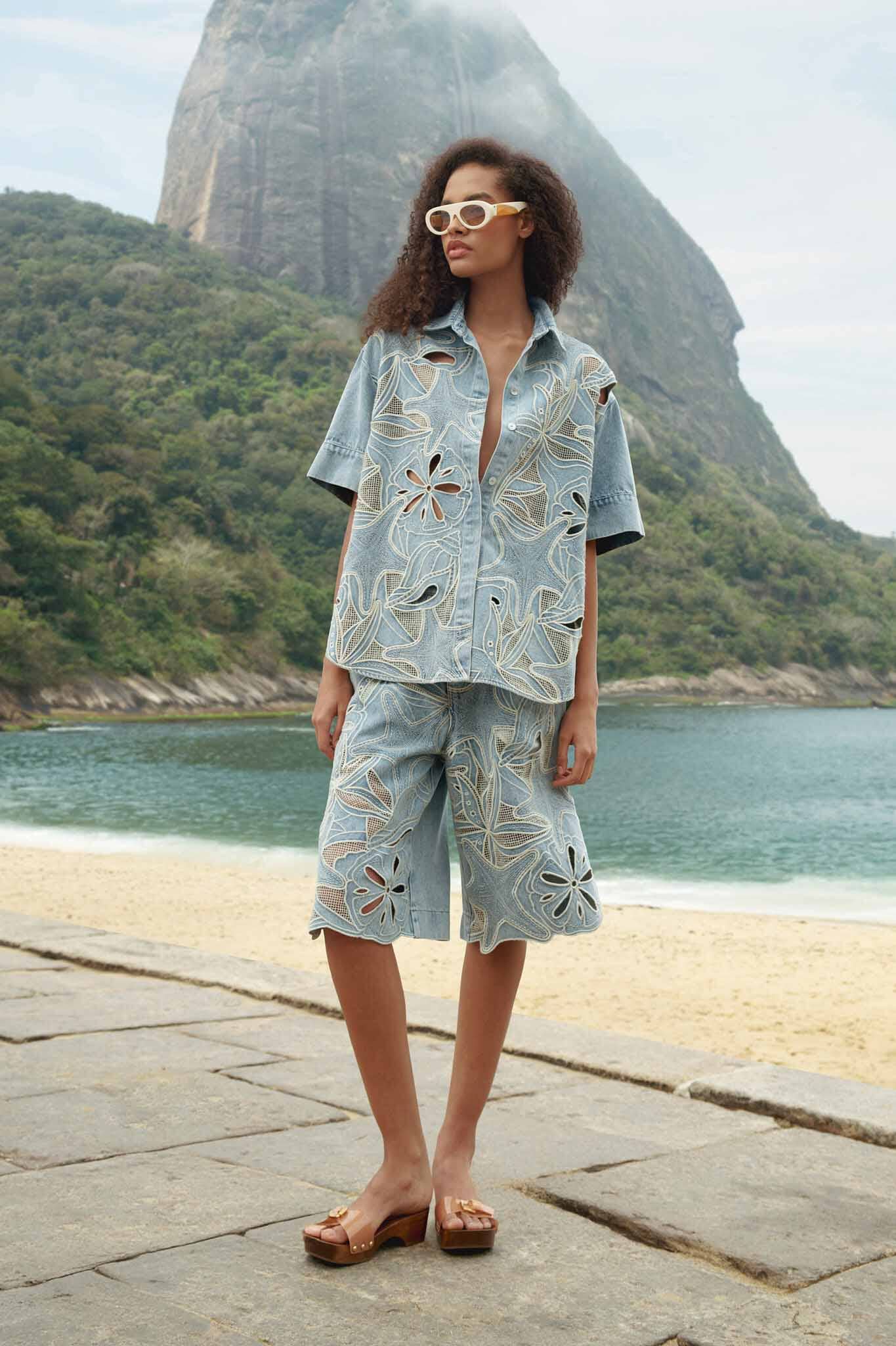 FARM Rio Shop Denim Sea Desire Embroidered Bermuda Shorts