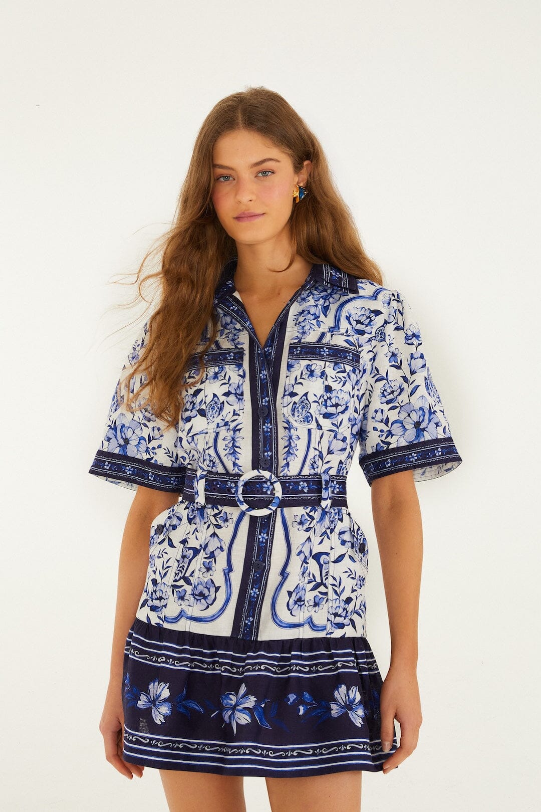 FARM Rio Shop Off-White Porcelain Garden Euroflax Premium Linen Mini Dress