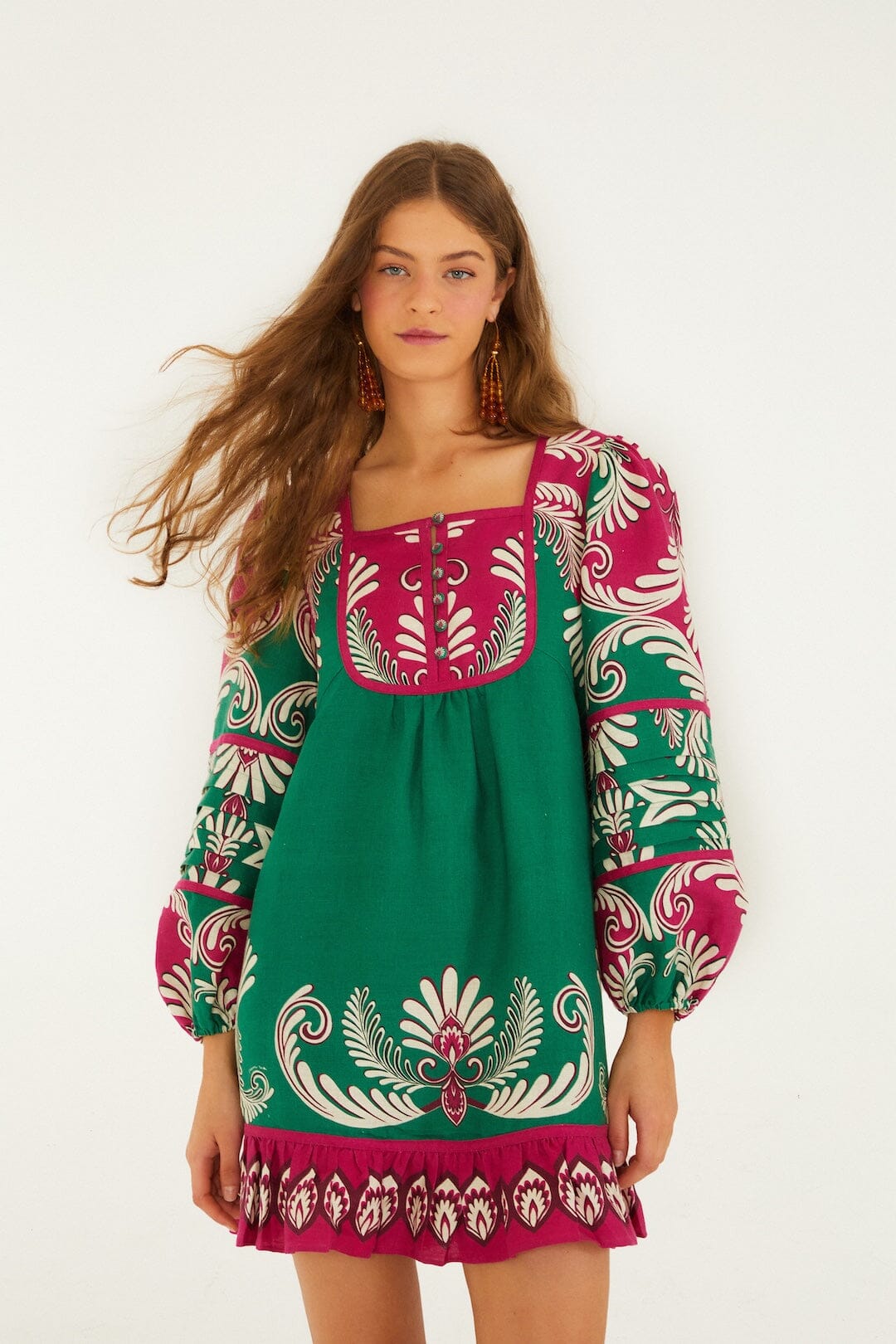 FARM Rio Shop Multicolor Spring Arabesc Long Sleeve Euroflax Premium Linen Mini Dress