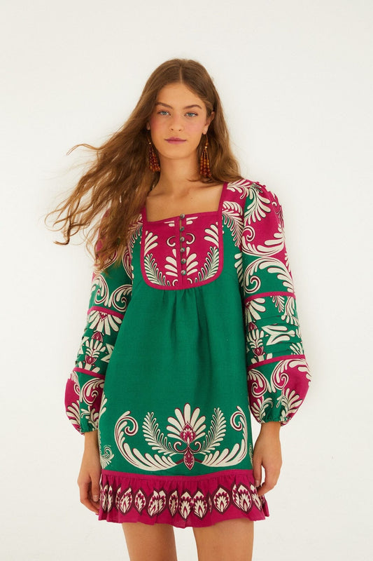 FARM Rio Shop Multicolor Spring Arabesc Long Sleeve Euroflax Premium Linen Mini Dress