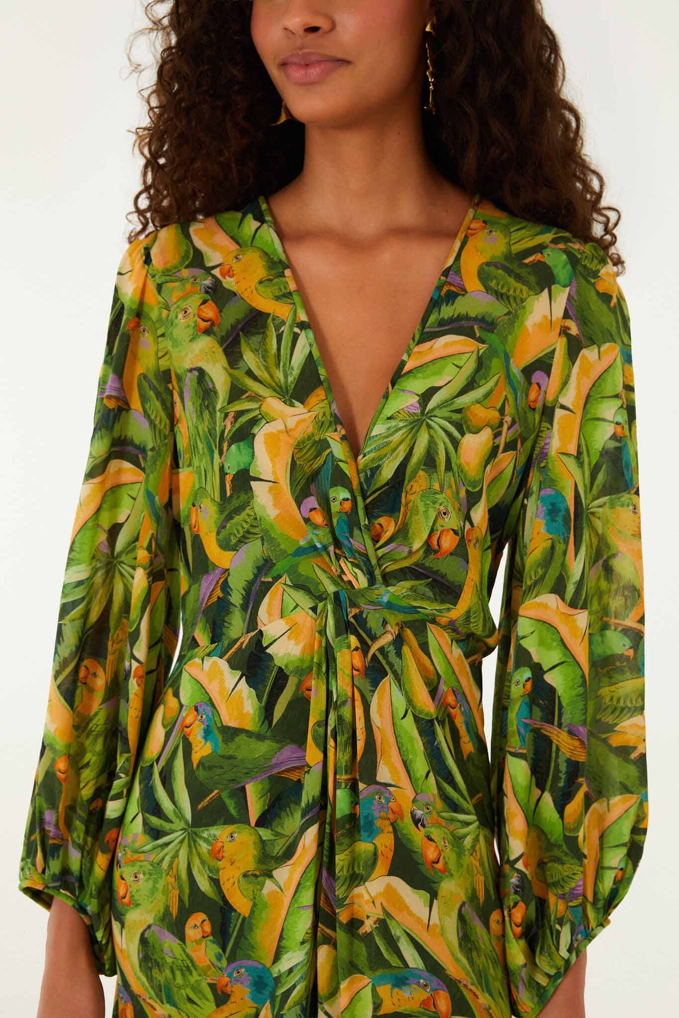FARM Rio Shop Forest Green Parrots Long Sleeve Dress