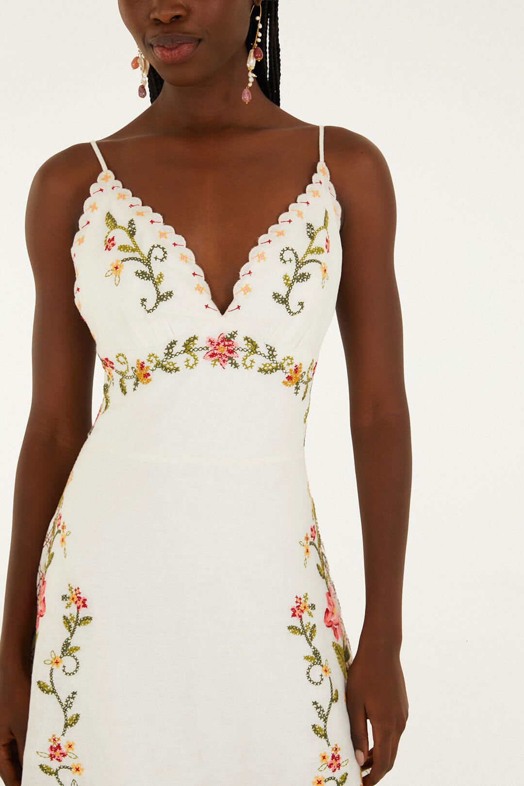 FARM Rio Shop Off-White Flower Embroidery Asymetric Hem Midi Dress
