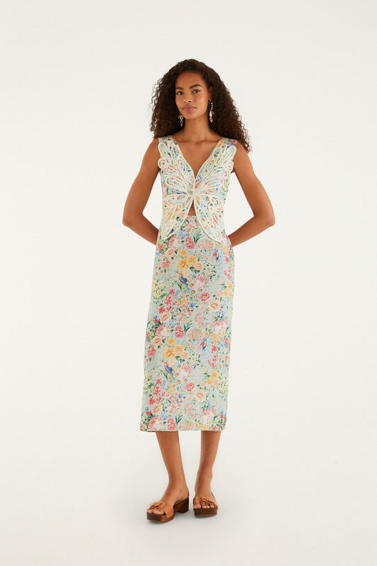 FARM Rio Shop Multicolor Rendeira 3d Bodice Euroflax Premium Linen Midi Dress