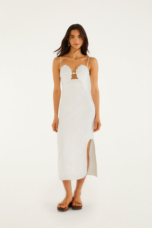 FARM Rio Shop Off-White Shell Bodice Pearl Midi Dress