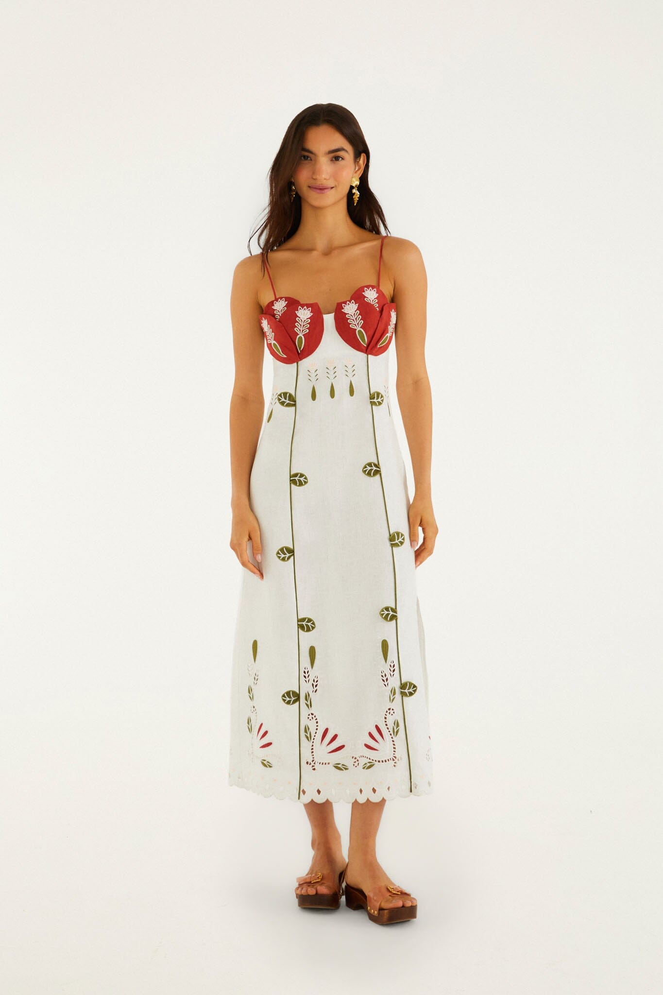 FARM Rio Shop Off-White Tulip Richelieu Embroidered Midi Dress