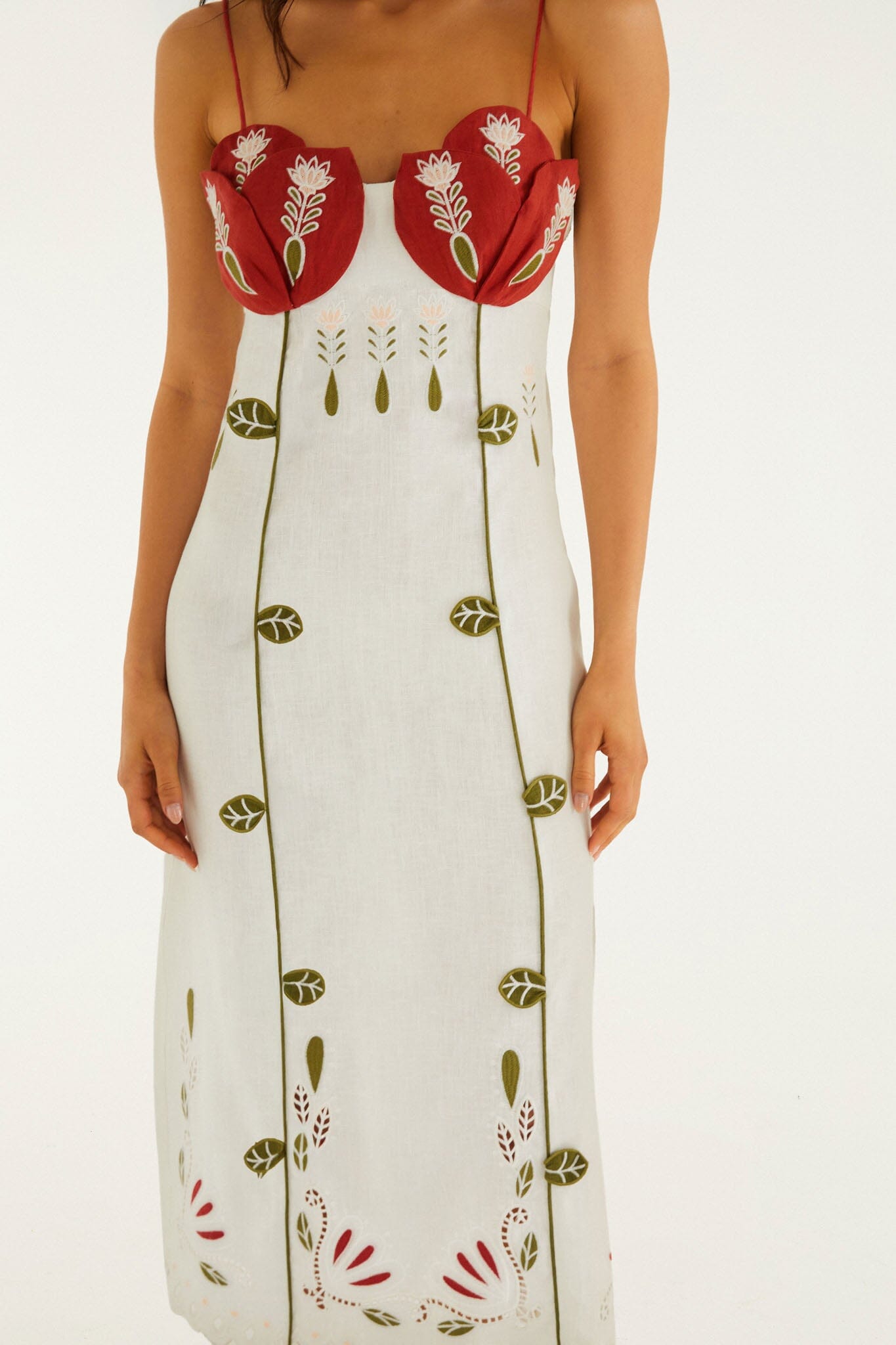 FARM Rio Shop Off-White Tulip Richelieu Embroidered Midi Dress