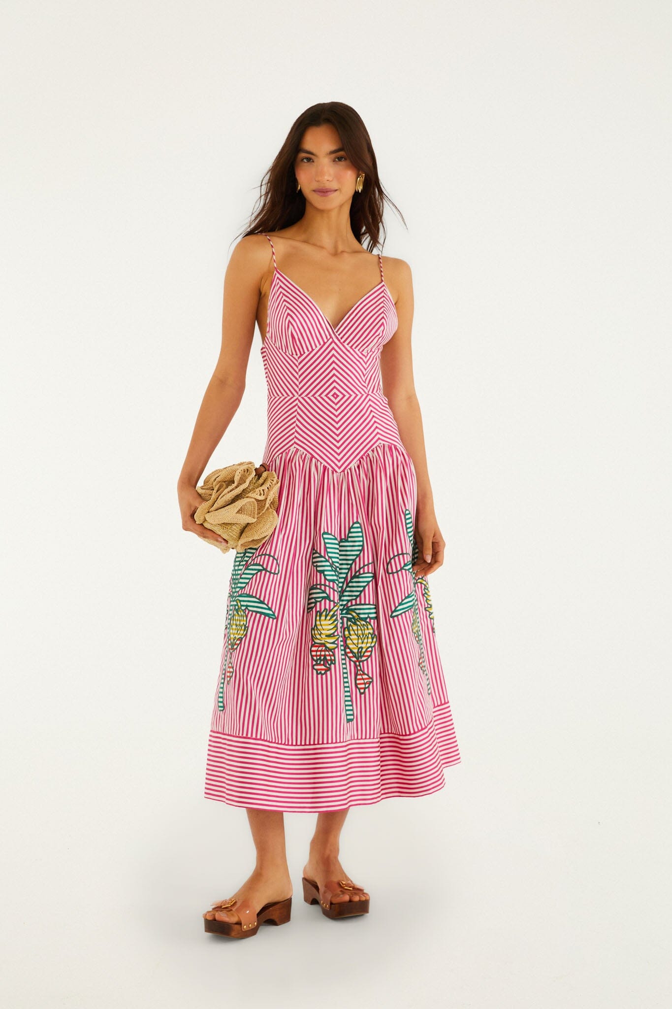 FARM Rio Shop Pink Palm Tree Stripes Cutwork Organic Cotton Midi Dress