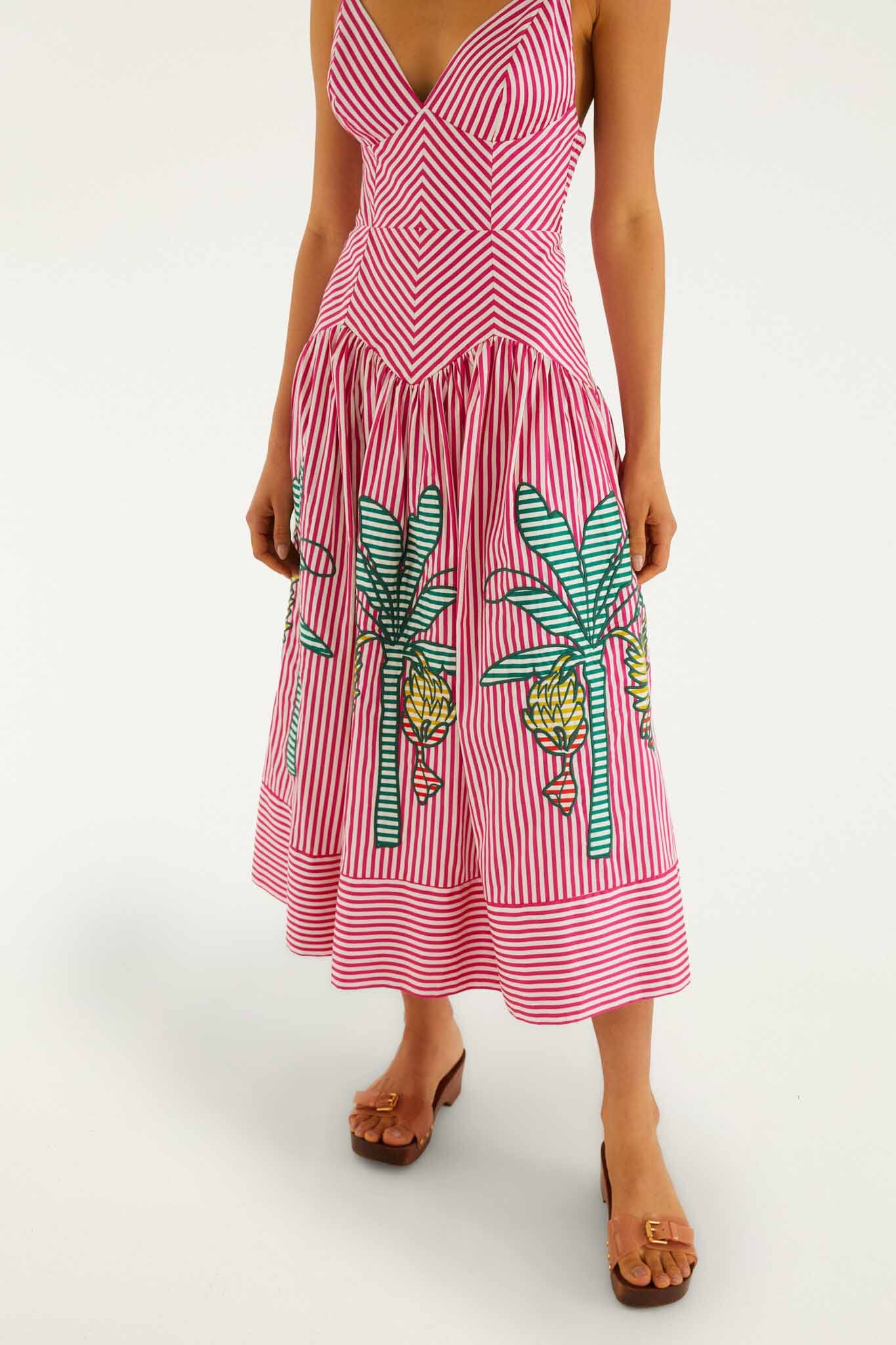 FARM Rio Shop Pink Palm Tree Stripes Cutwork Organic Cotton Midi Dress