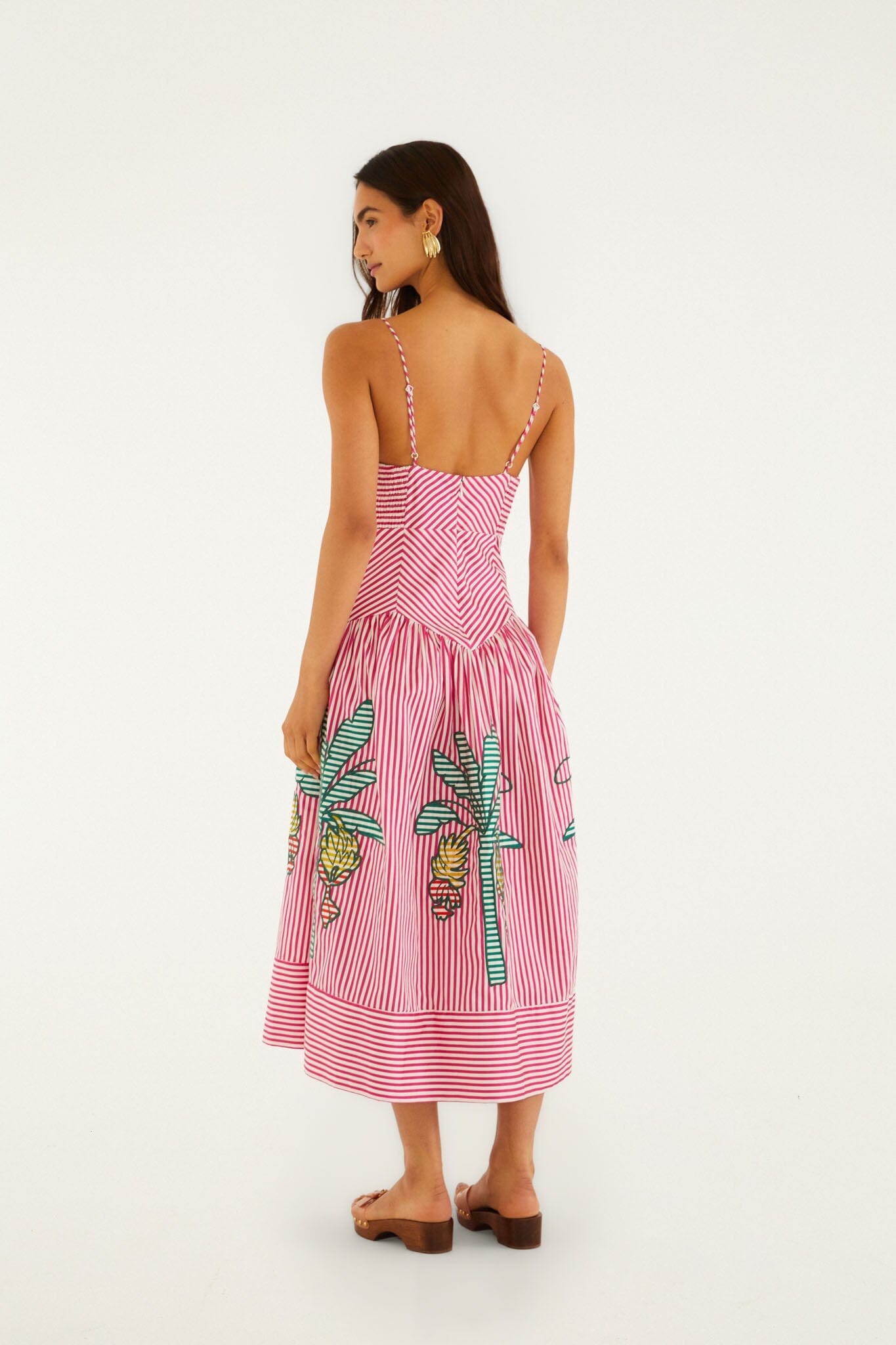 FARM Rio Shop Pink Palm Tree Stripes Cutwork Organic Cotton Midi Dress