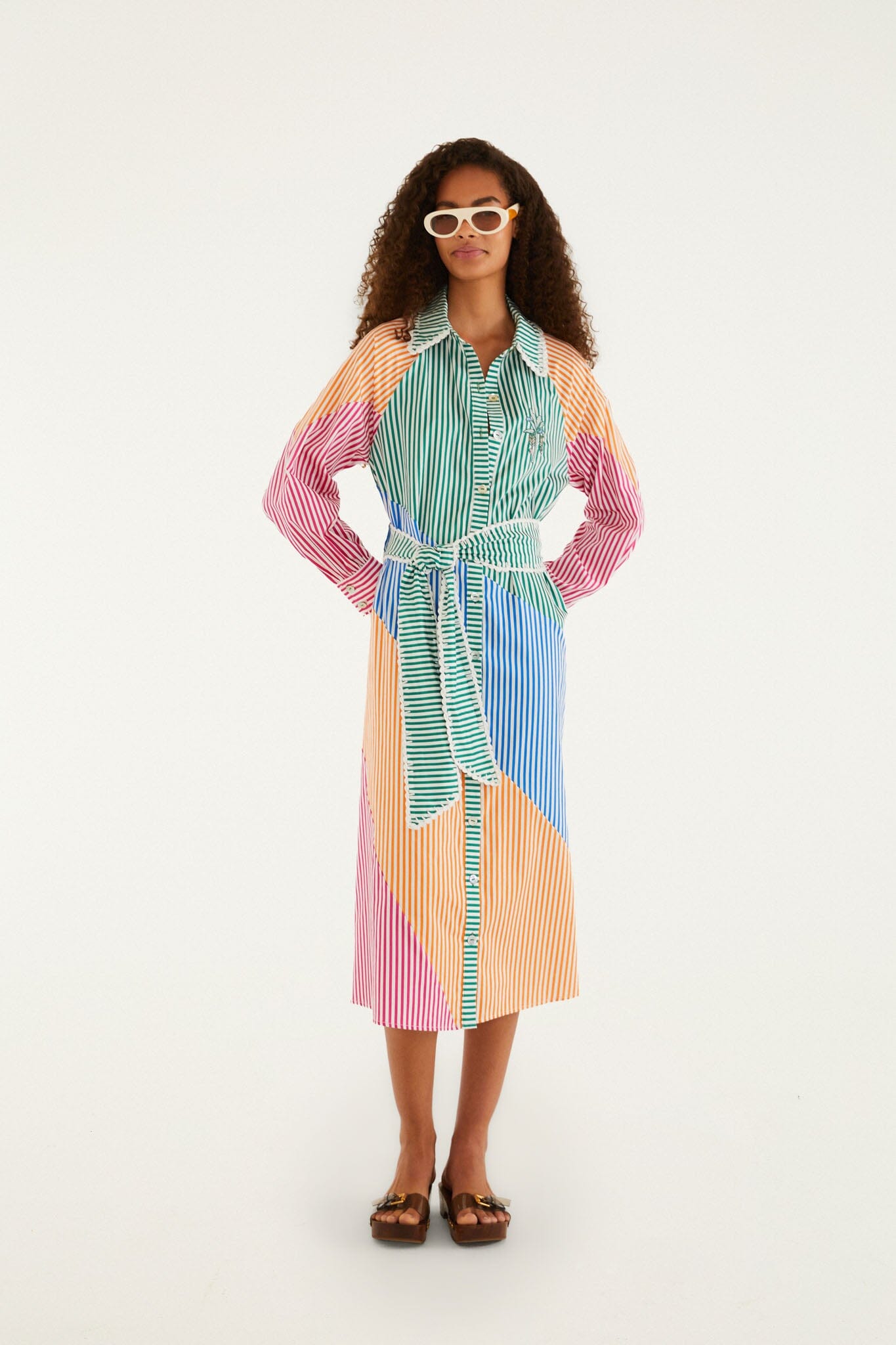 FARM Rio Shop Multicolor Stripes Embroidered Belted Organic Cotton Midi Dress