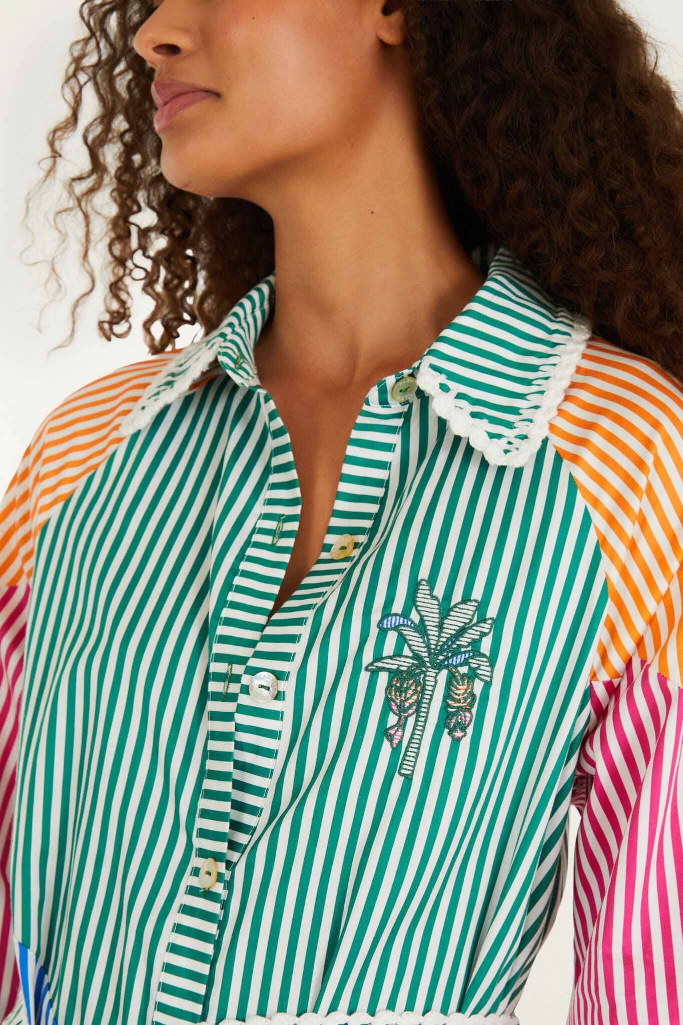 FARM Rio Shop Multicolor Stripes Embroidered Belted Organic Cotton Midi Dress