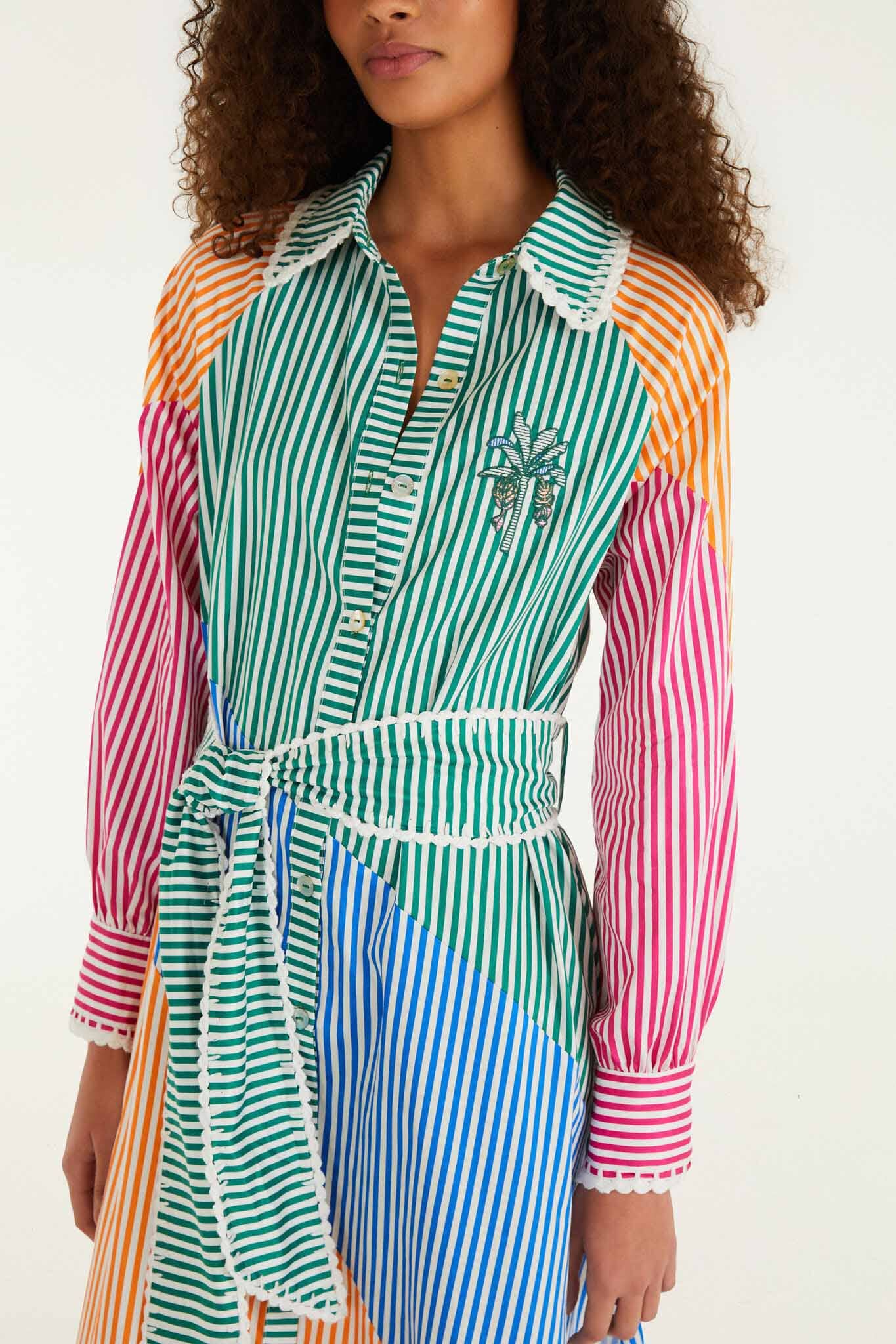 FARM Rio Shop Multicolor Stripes Embroidered Belted Organic Cotton Midi Dress