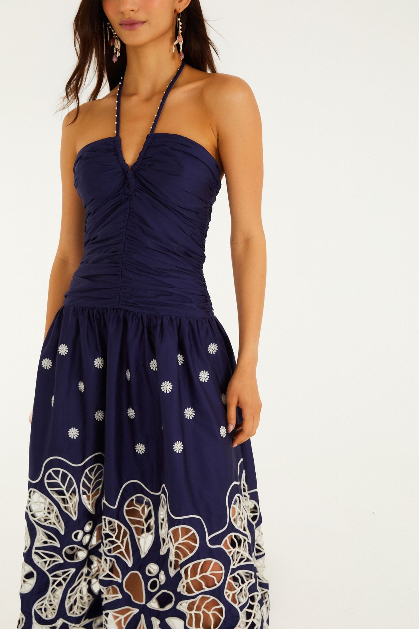 FARM Rio Shop Navy Blue Embroidered Richelieu Midi Dress