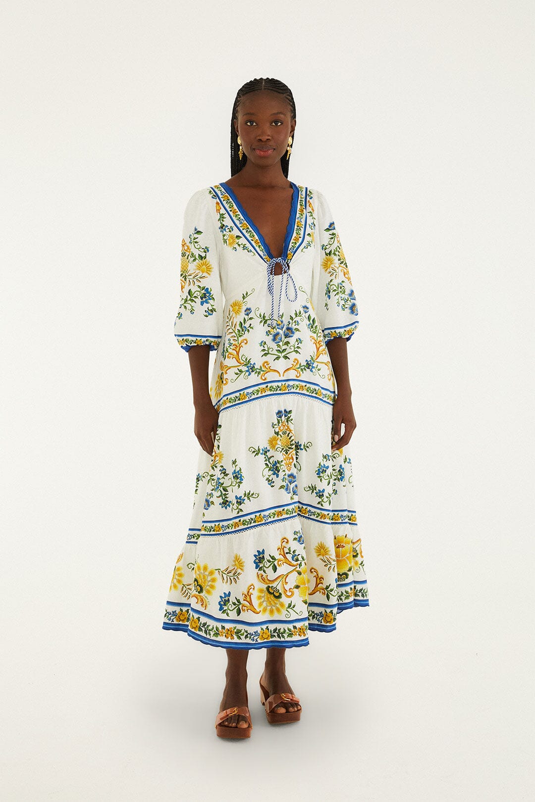 FARM Rio Shop Off-White Emily Floral Tapestry Drawstring Midi Dress