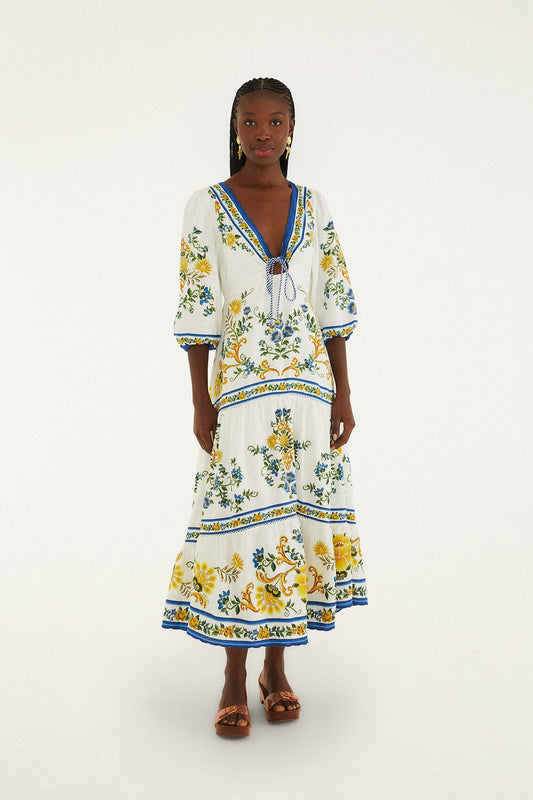 FARM Rio Shop Off-White Emily Floral Tapestry Drawstring Midi Dress