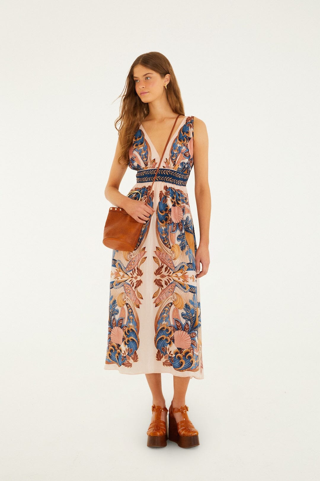 FARM Rio Shop Soft Pink Garden Scarf V Neck Midi Dress