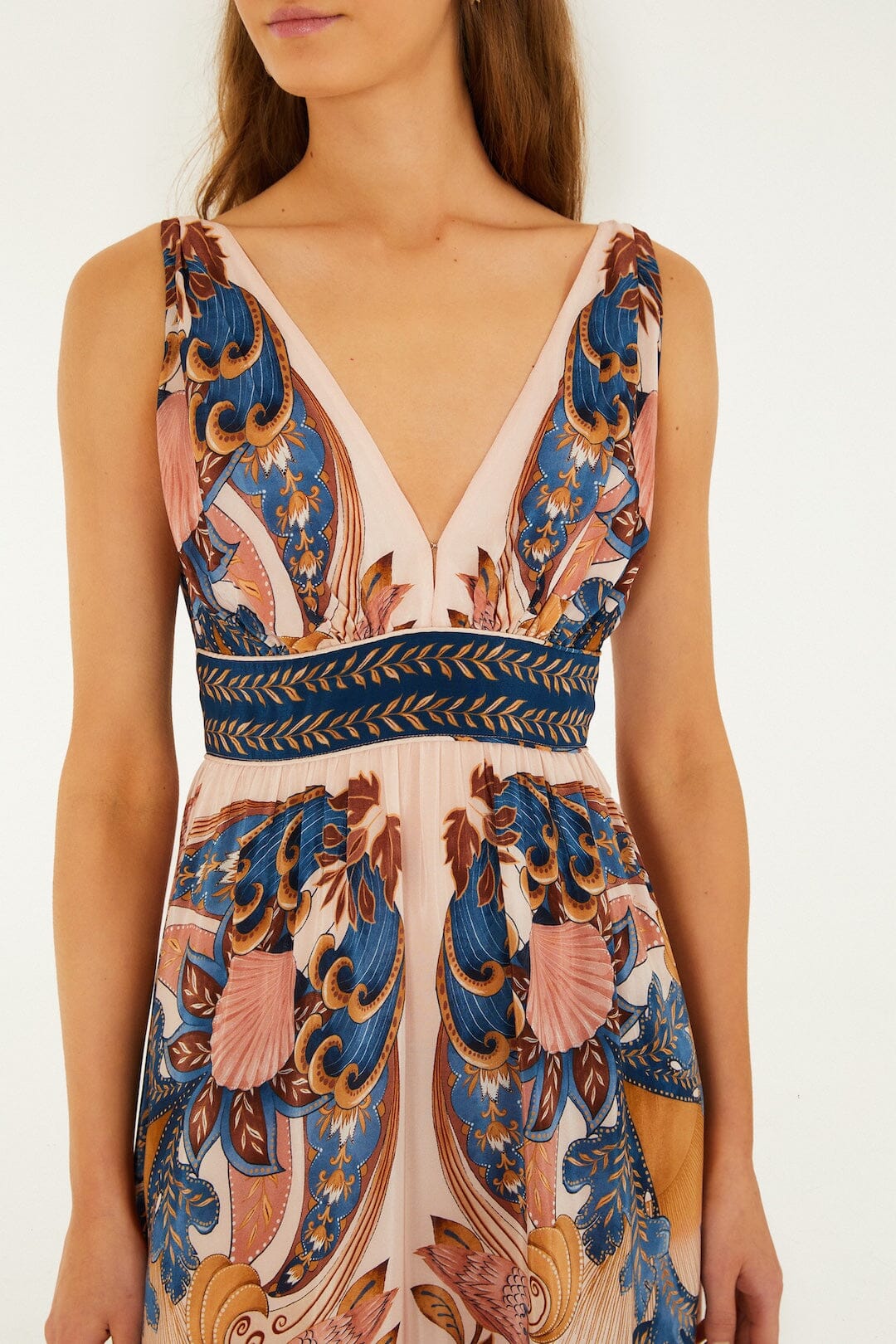 FARM Rio Shop Soft Pink Garden Scarf V Neck Midi Dress
