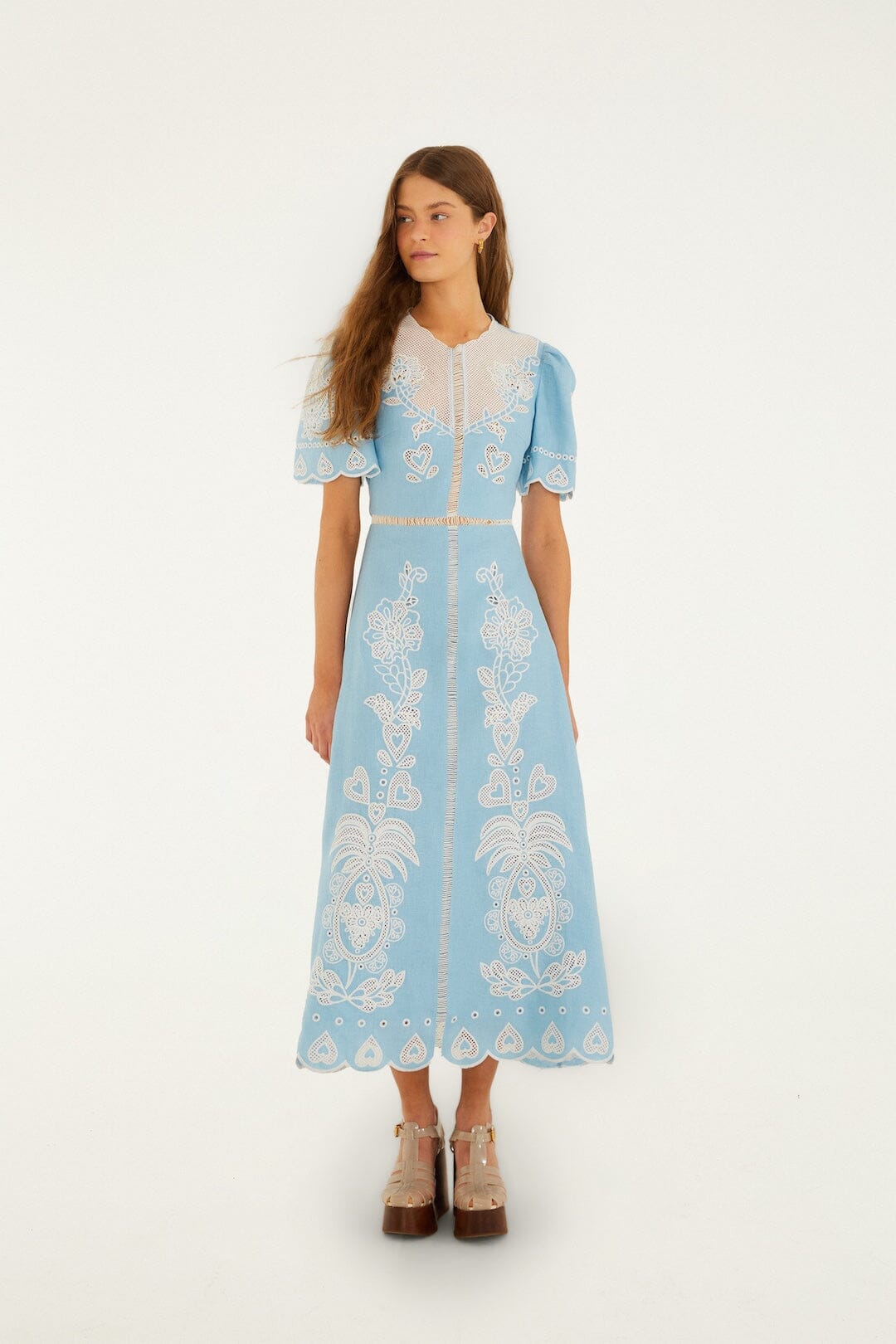 FARM Rio Shop Light Blue Embroidered Euroflax Premium Linene Midi Dress