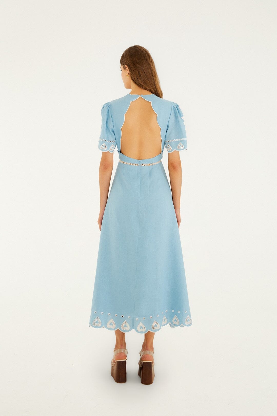 FARM Rio Shop Light Blue Embroidered Euroflax Premium Linene Midi Dress