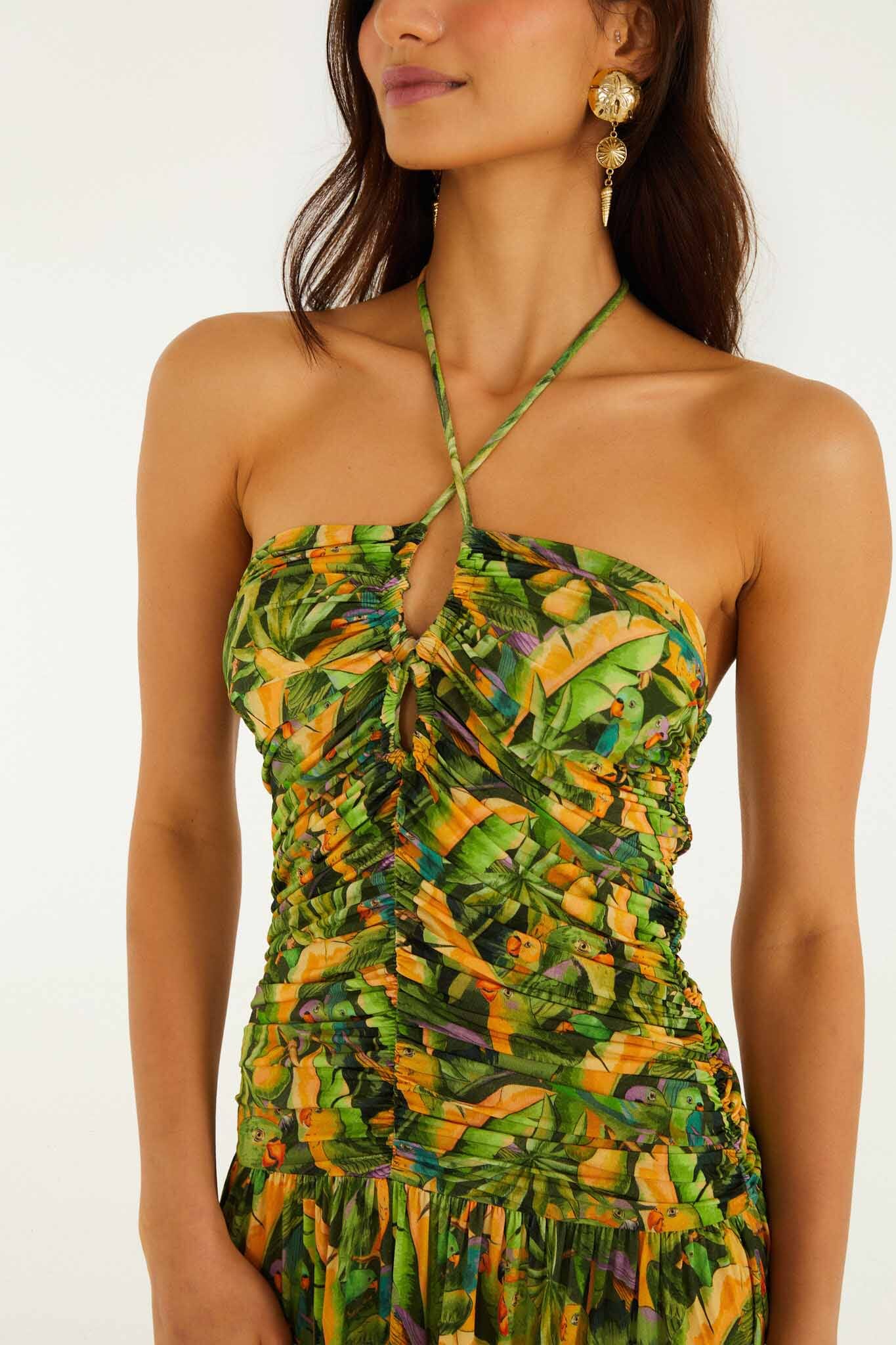 FARM Rio Shop Forest Green Parrots Maxi Dress