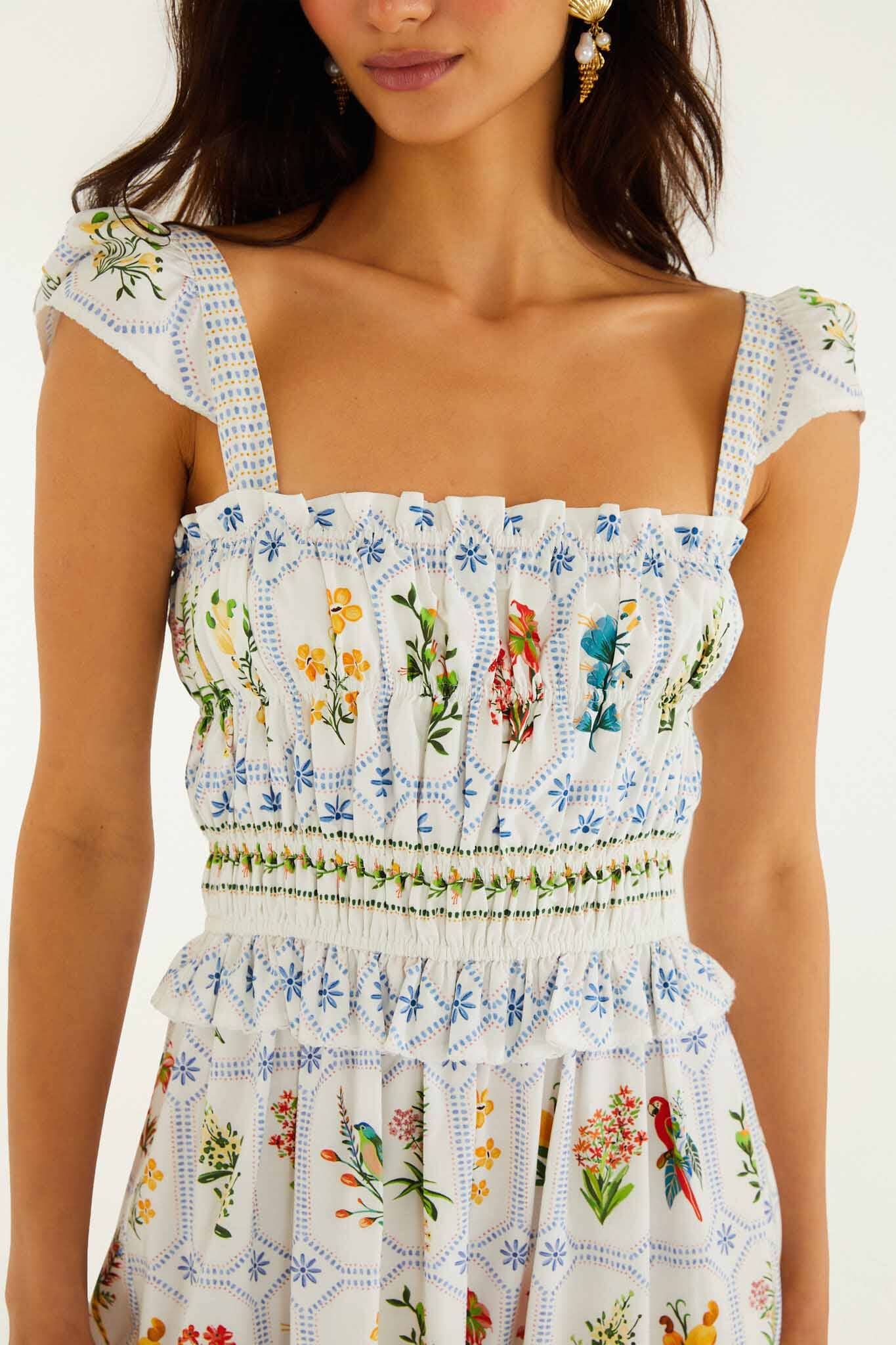 FARM Rio Shop Off-White Tropical Porcelain Organic Cotton Maxi Dress