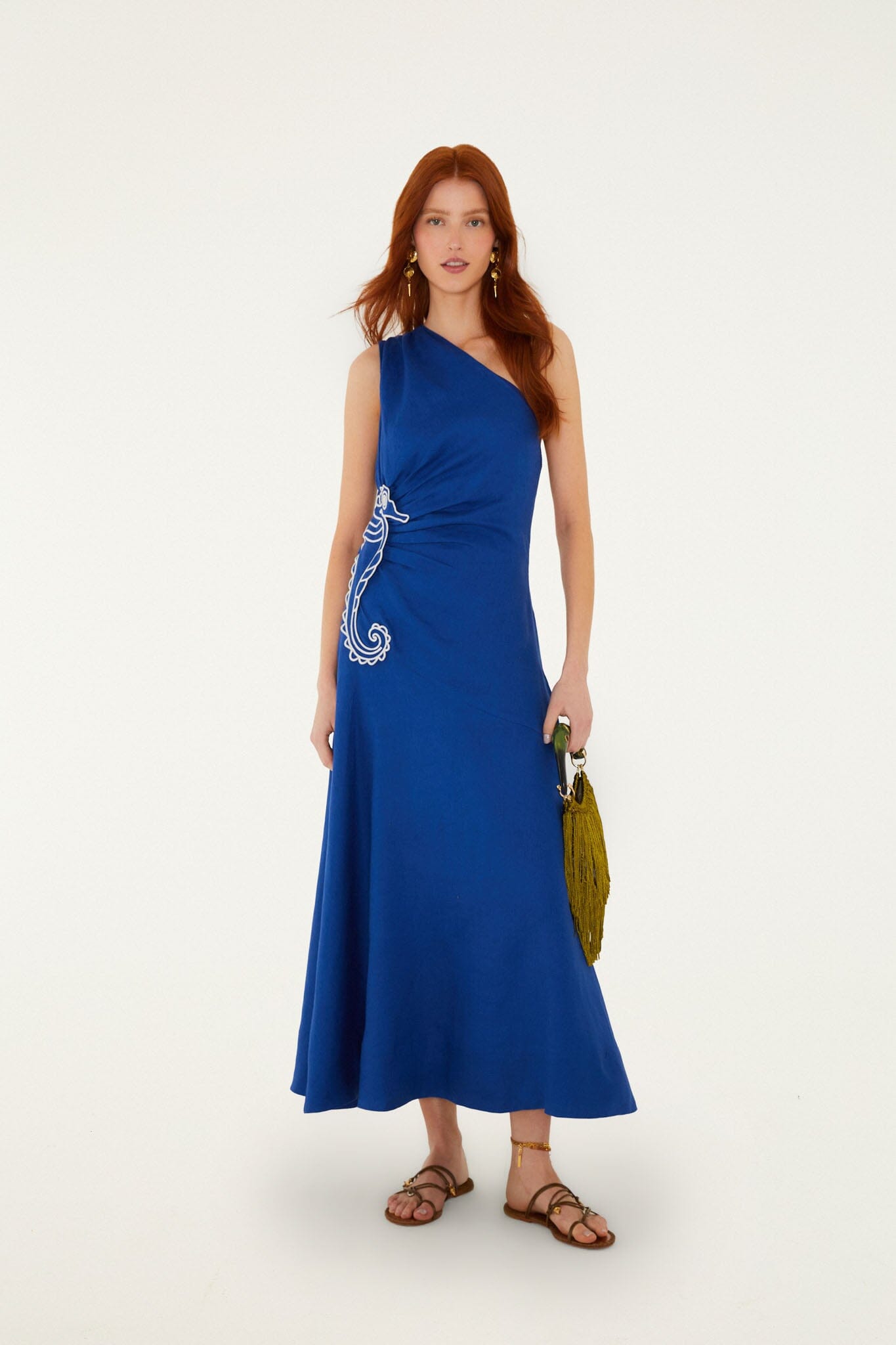 FARM Rio Shop Blue Seahorse Embroidery One-Shoulder Euroflax Premium Linen Maxi Dress