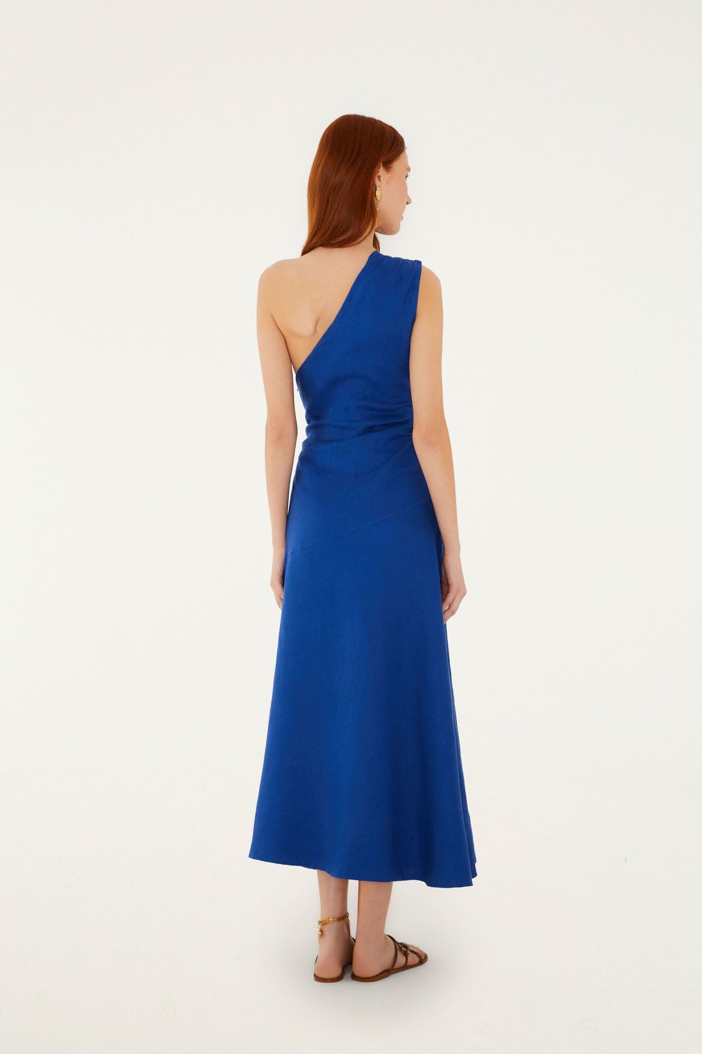 FARM Rio Shop Blue Seahorse Embroidery One-Shoulder Euroflax Premium Linen Maxi Dress
