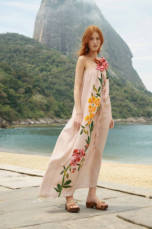FARM Rio Shop Pink Garden Terrace 3d One-Shoulder Maxi Dress