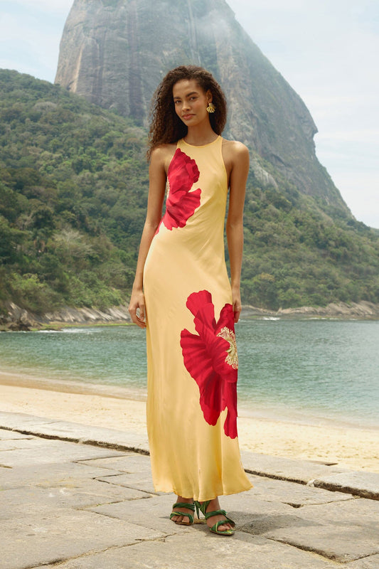 FARM Rio Shop Light Yellow Poppy Flowers Sleeveless Lenzing Ecovero Viscose Maxi Dress