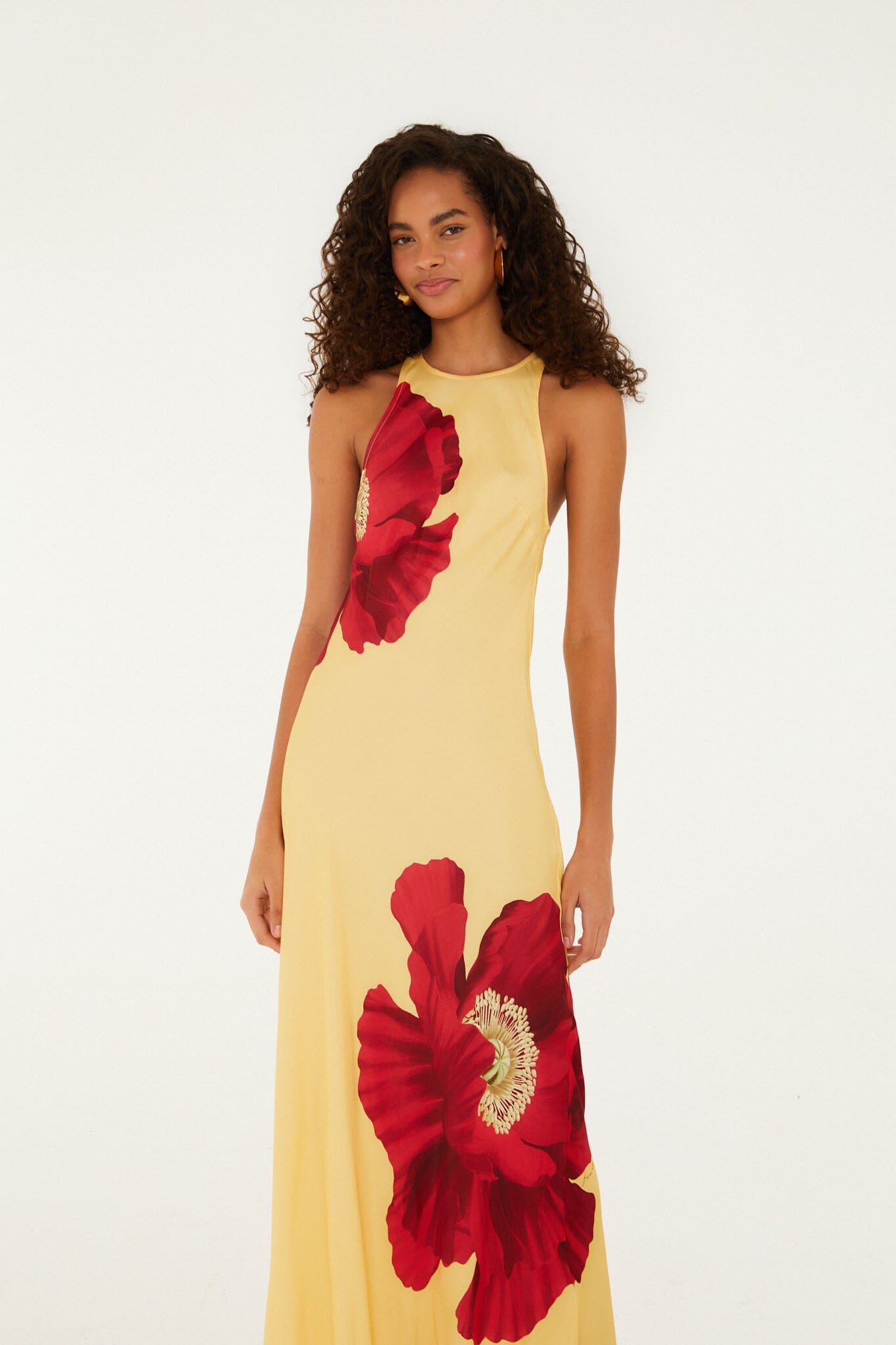 FARM Rio Shop Light Yellow Poppy Flowers Sleeveless Lenzing Ecovero Viscose Maxi Dress
