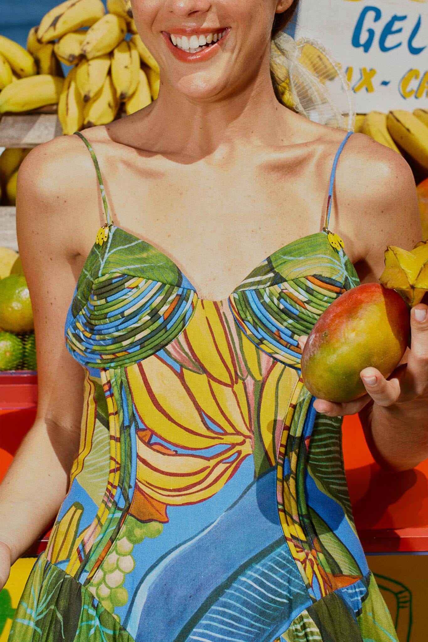 FARM Rio Shop Blue Banana Grapes 3d Bodice Sleeveless Maxi Dress