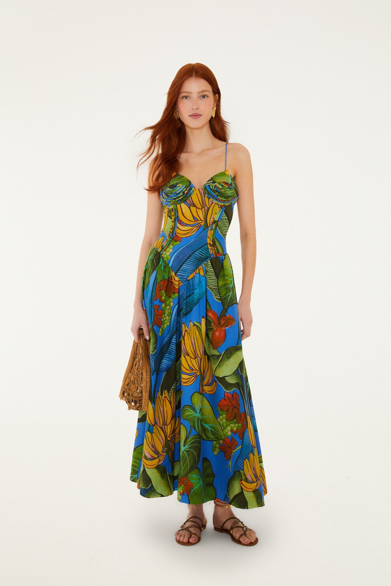 FARM Rio Shop Blue Banana Grapes 3d Bodice Sleeveless Maxi Dress