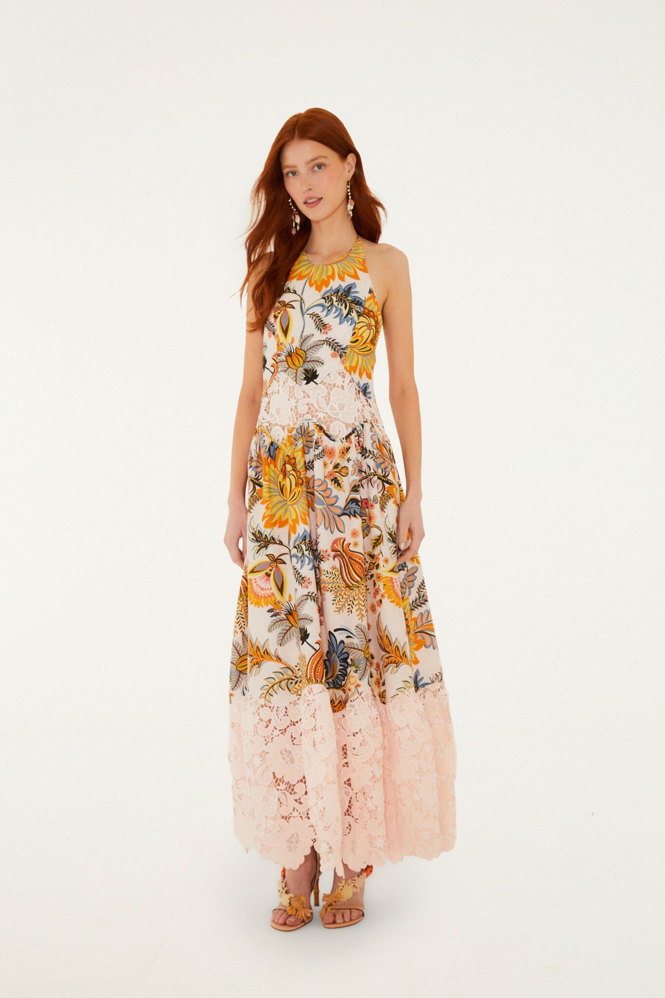 FARM Rio Shop Light Pink Ligia Floral Lace Lenzing Ecovero Euroflax Maxi Dress