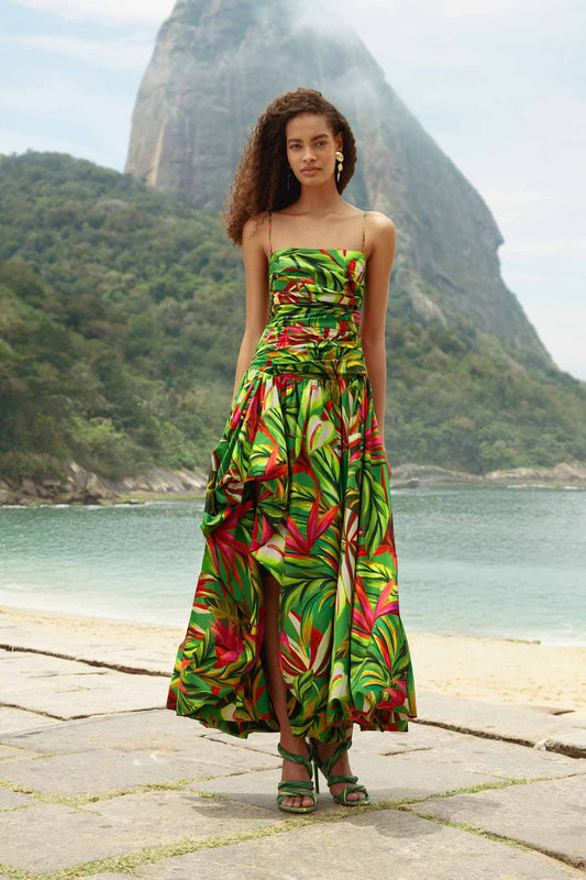 FARM Rio Shop Green Tropical Dream Draped Organic Cotton Maxi Dress