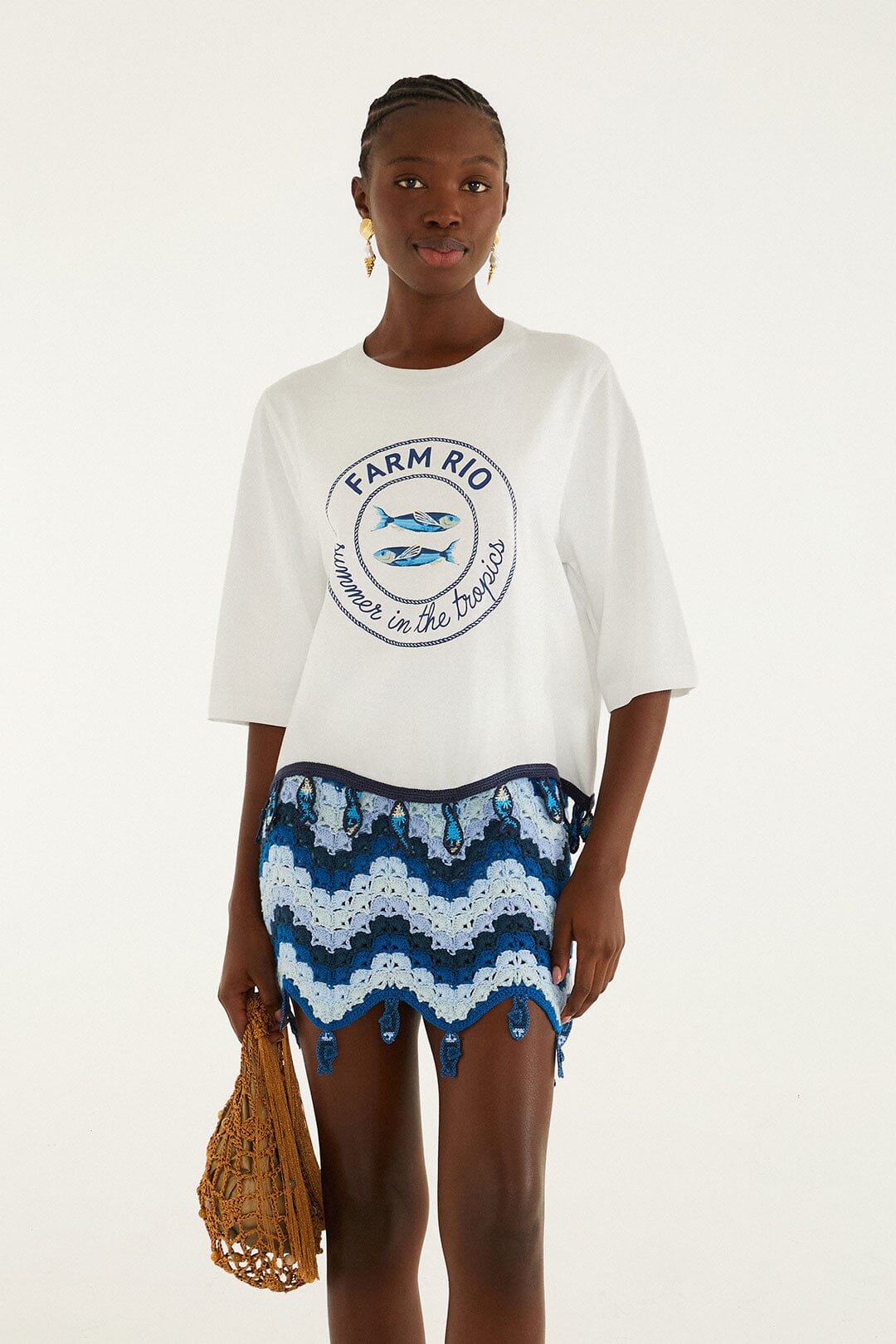 FARM Rio Shop Off-White Summer In The Tropics Crochet Hem T-Shirt