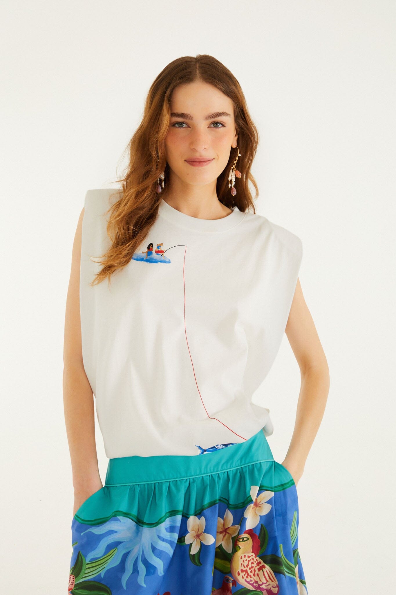 FARM Rio Shop Off-White Fishing Dreams Padded Shoulder T-Shirt