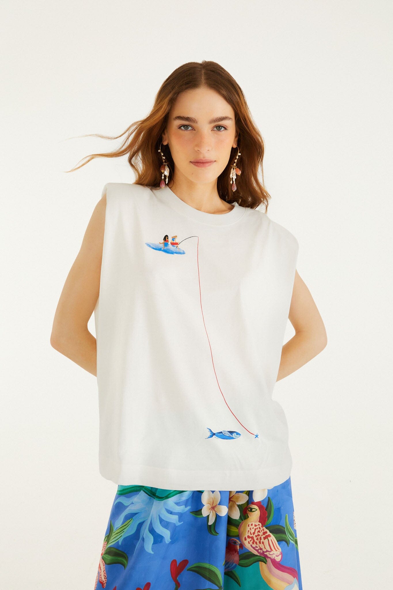 FARM Rio Shop Off-White Fishing Dreams Padded Shoulder T-Shirt