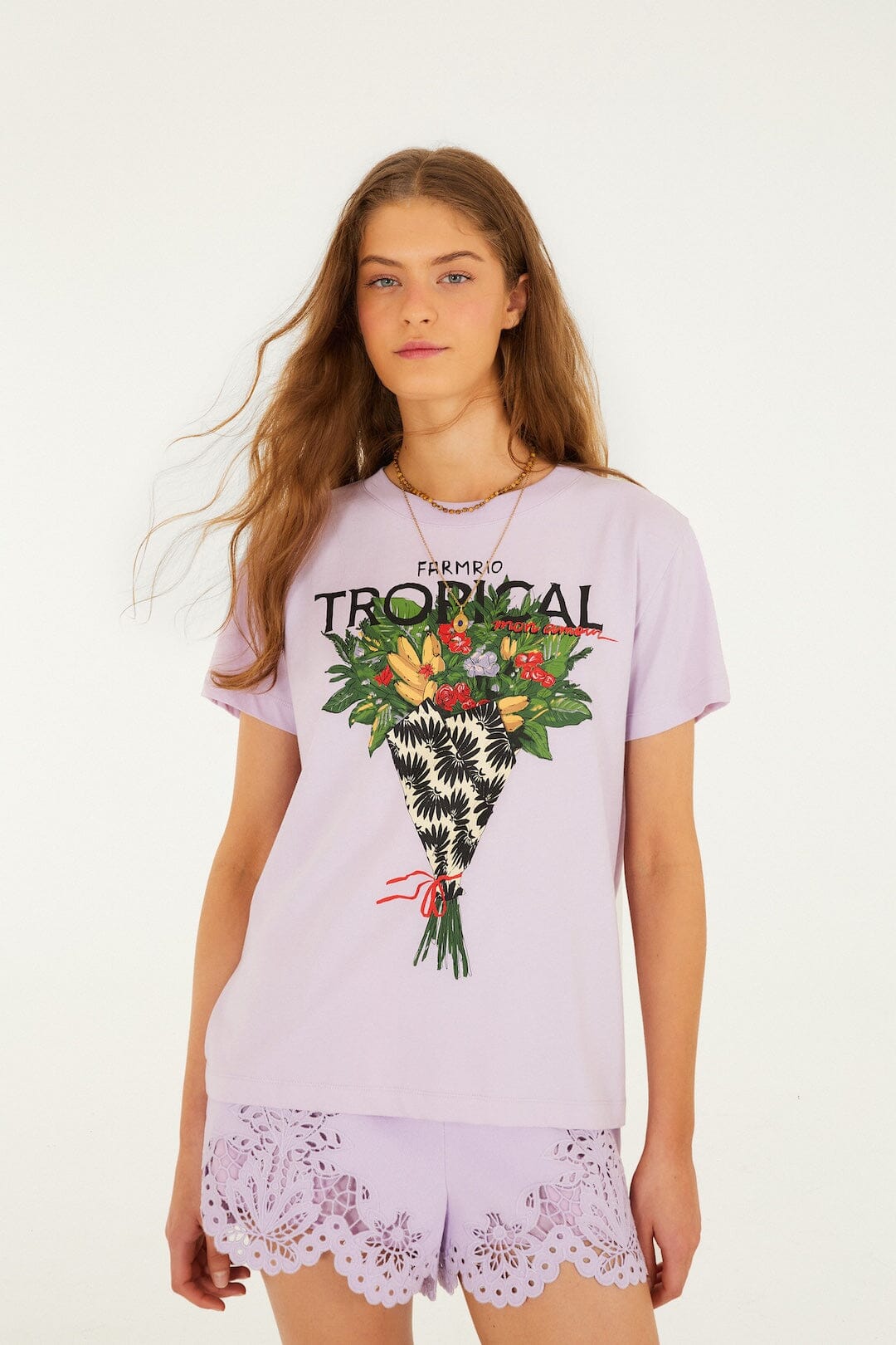 FARM Rio Shop Lilac Tropical Bouquet Organic Cotton T-Shirt