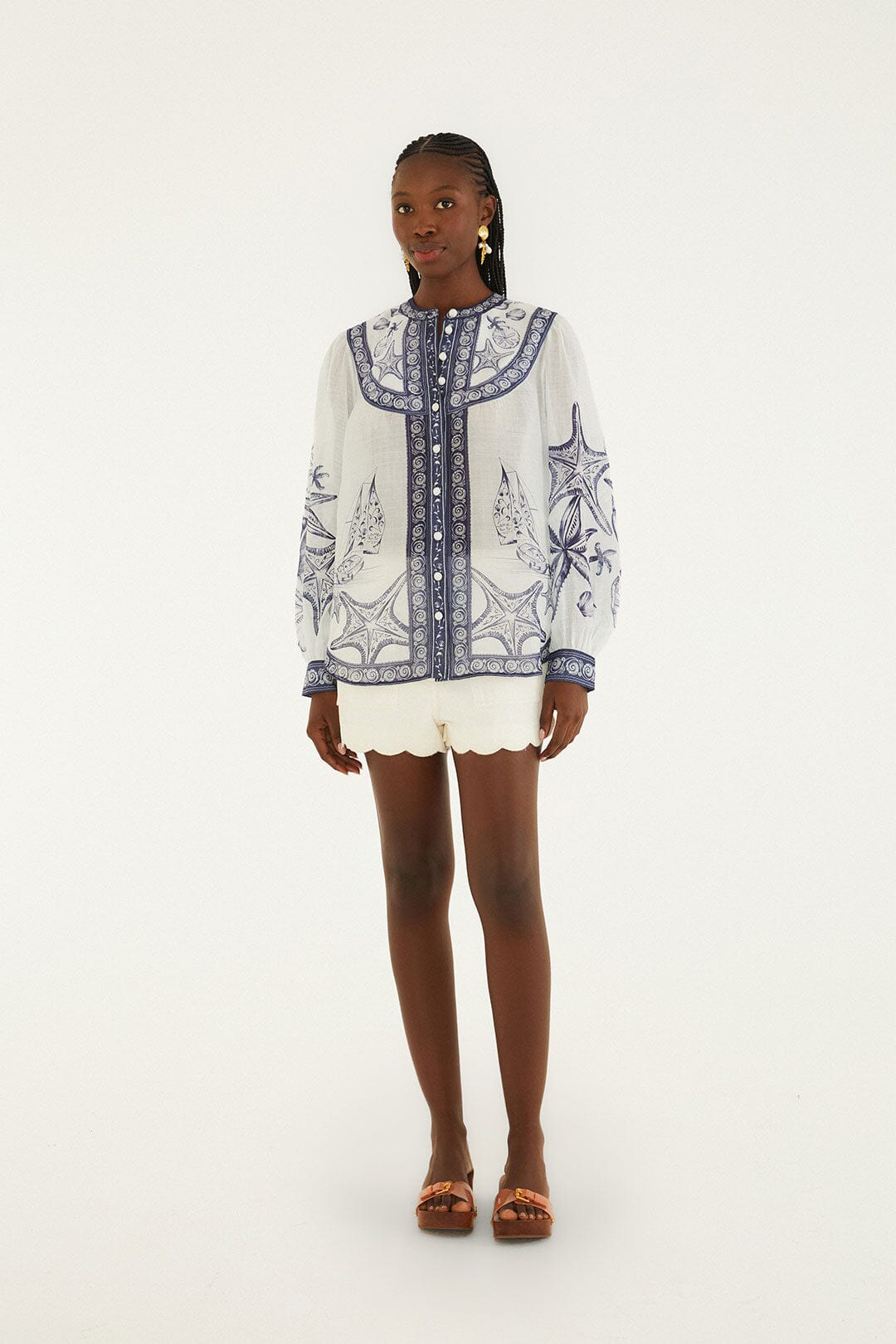 FARM Rio Shop Off-White Coast Scarf Long Sleeve Blouse