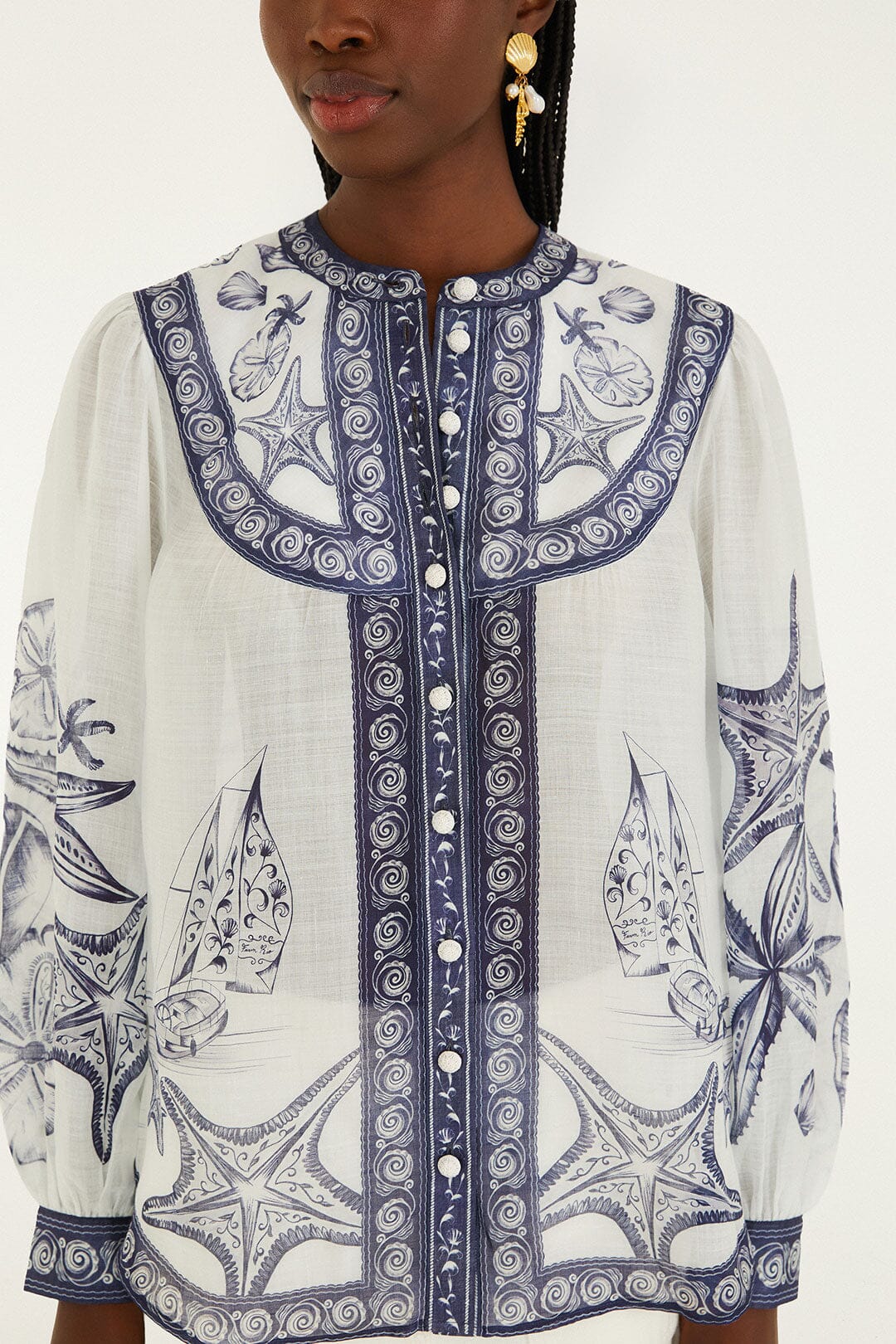 FARM Rio Shop Off-White Coast Scarf Long Sleeve Blouse