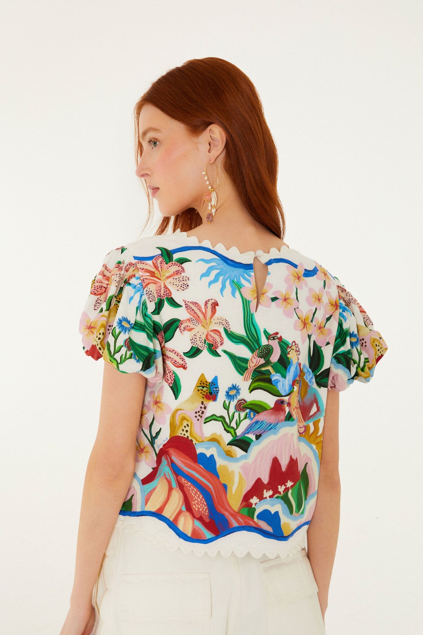 FARM Rio Shop Off-White Garden Of Life Scarf Scalloped Blouse