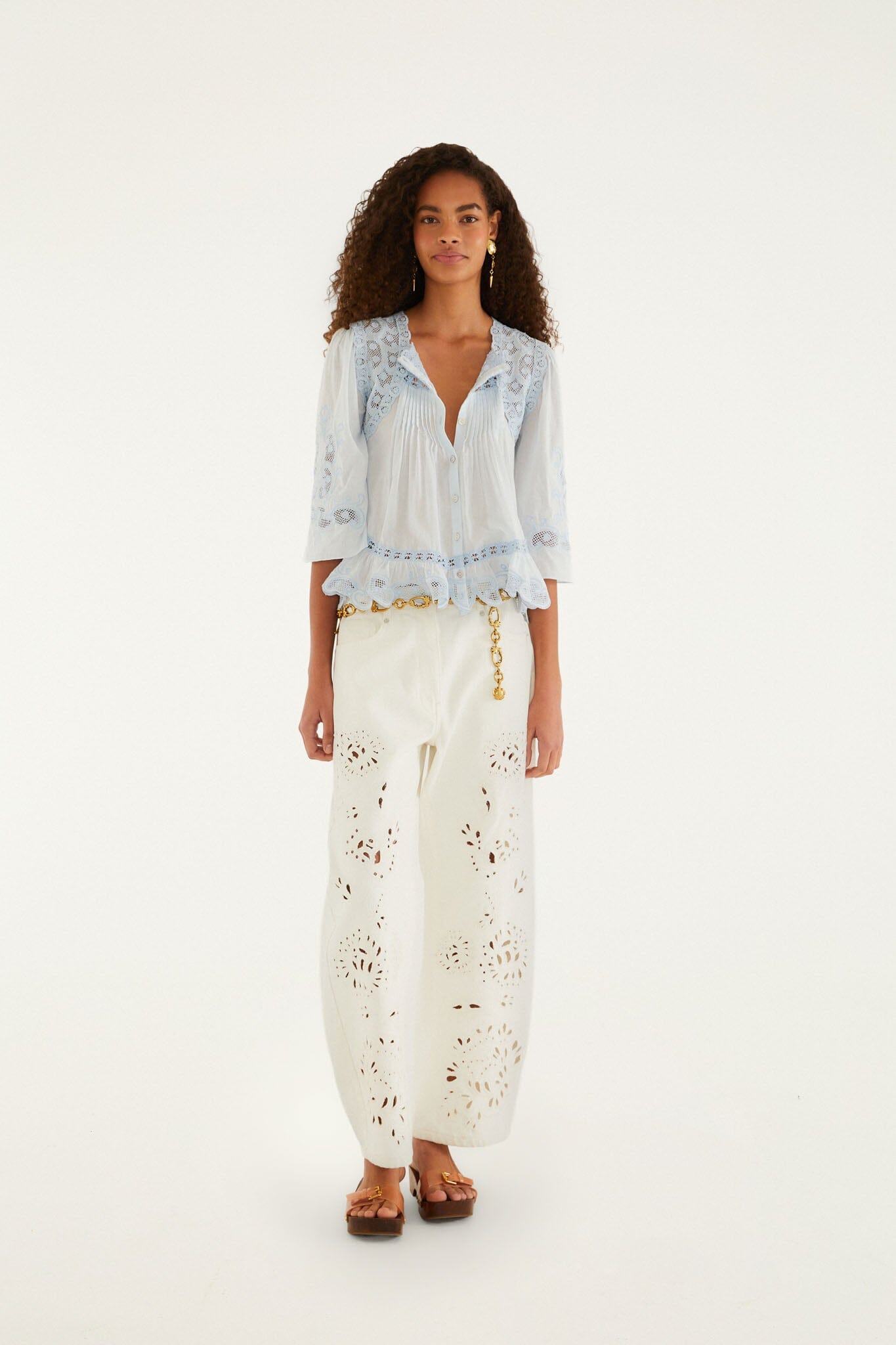 FARM Rio Shop Light Blue Richelieu Short Sleeve Blouse