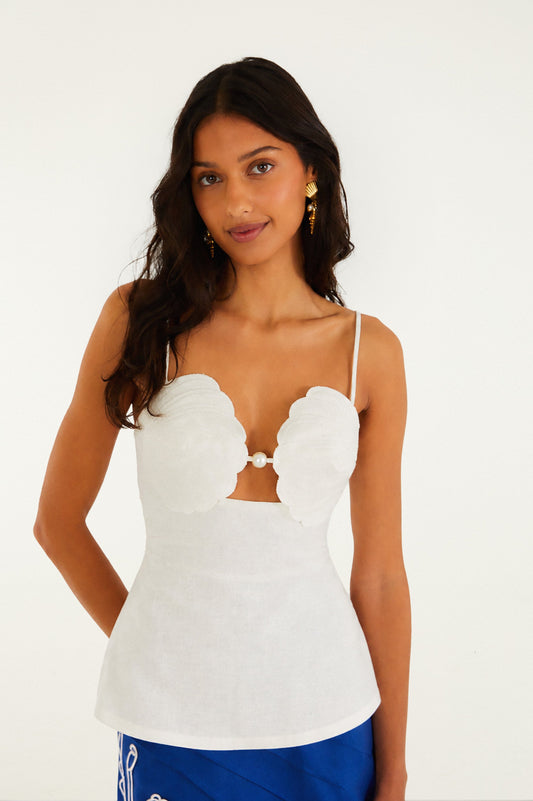 FARM Rio Shop Off-White 3d Shell Euroflax Premium Linen Peplum Blouse