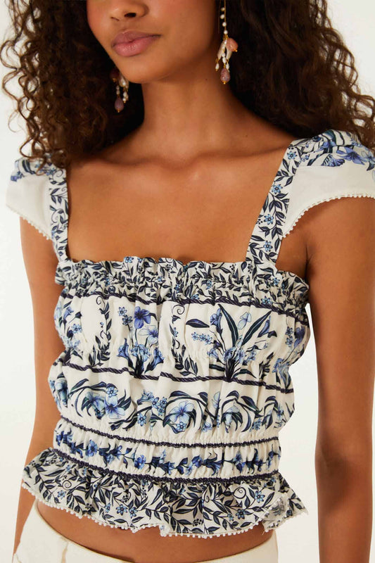 FARM Rio Shop Off-White Flowers Arch Smocked Organic Cotton Blouse