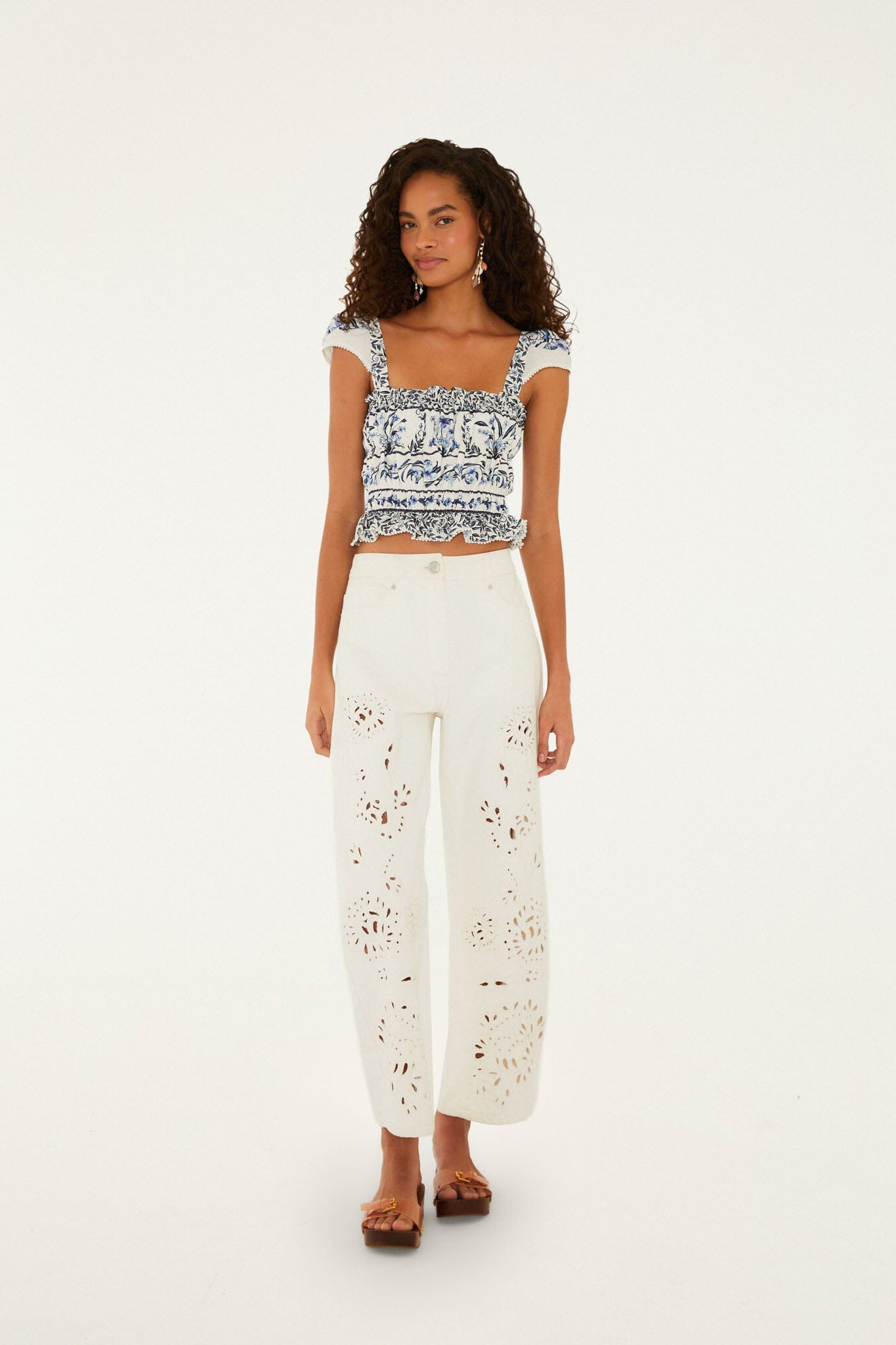 FARM Rio Shop Off-White Flowers Arch Smocked Organic Cotton Blouse
