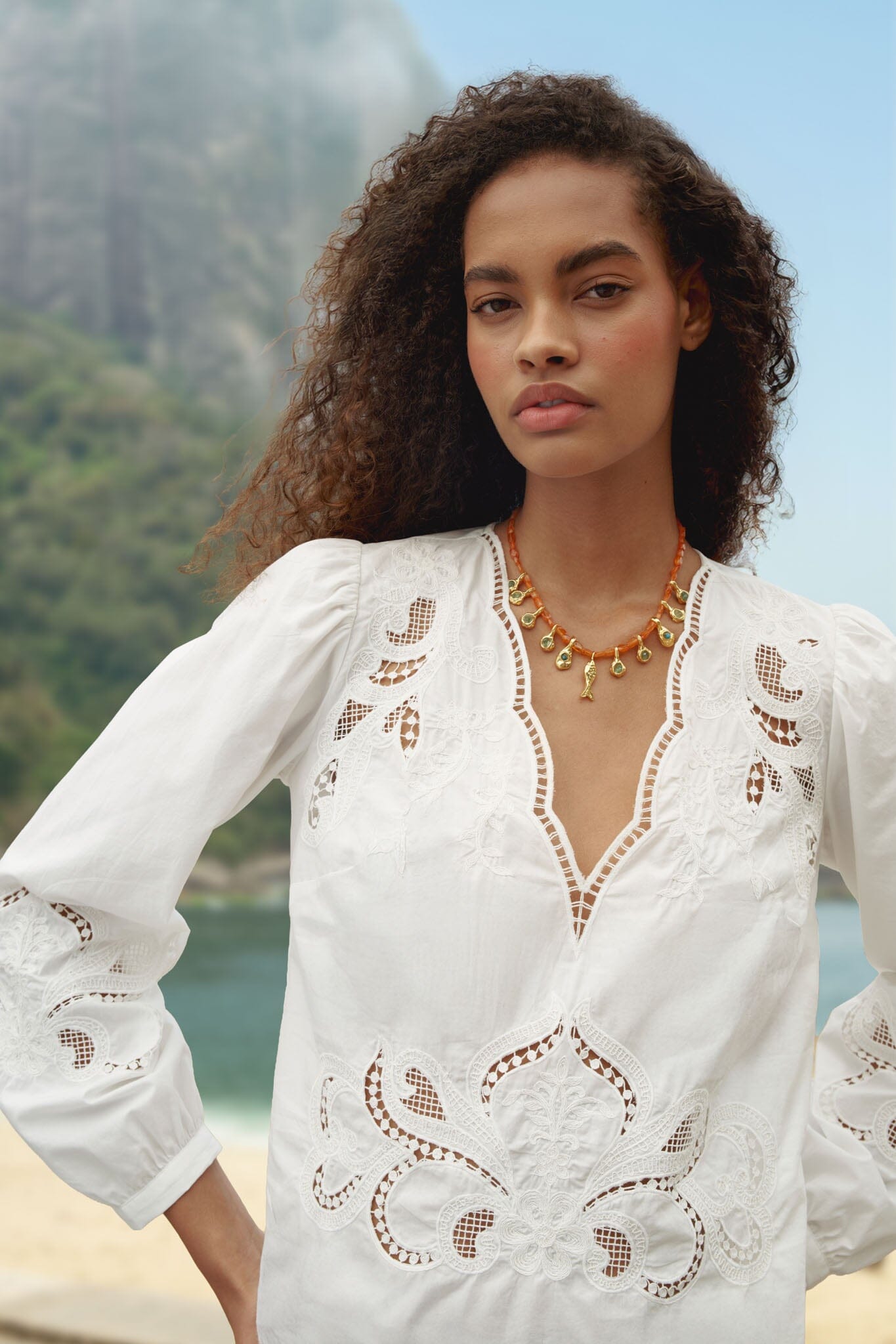 FARM Rio Shop Off-White Richelieu Long Sleeve Blouse