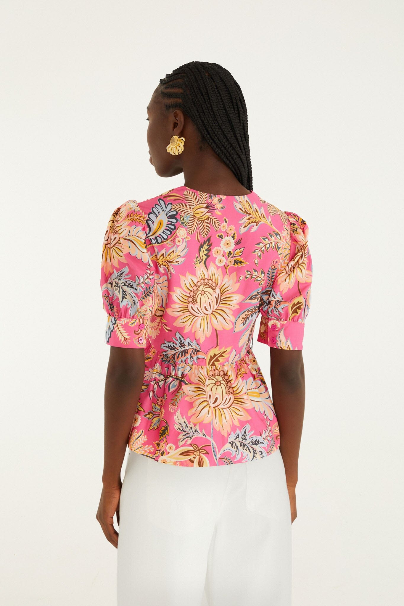 FARM Rio Shop Pink Ligia Floral Puff Sleeve Organic Cotton Blouse