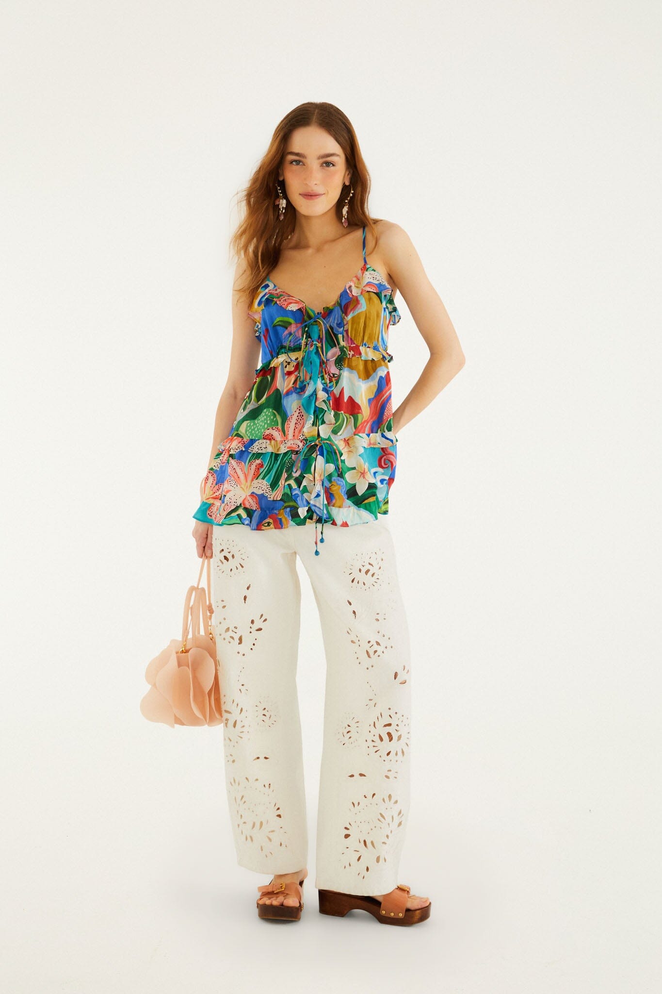 FARM Rio Shop Multicolor Garden Of Life Front Ties Ruffled Blouse